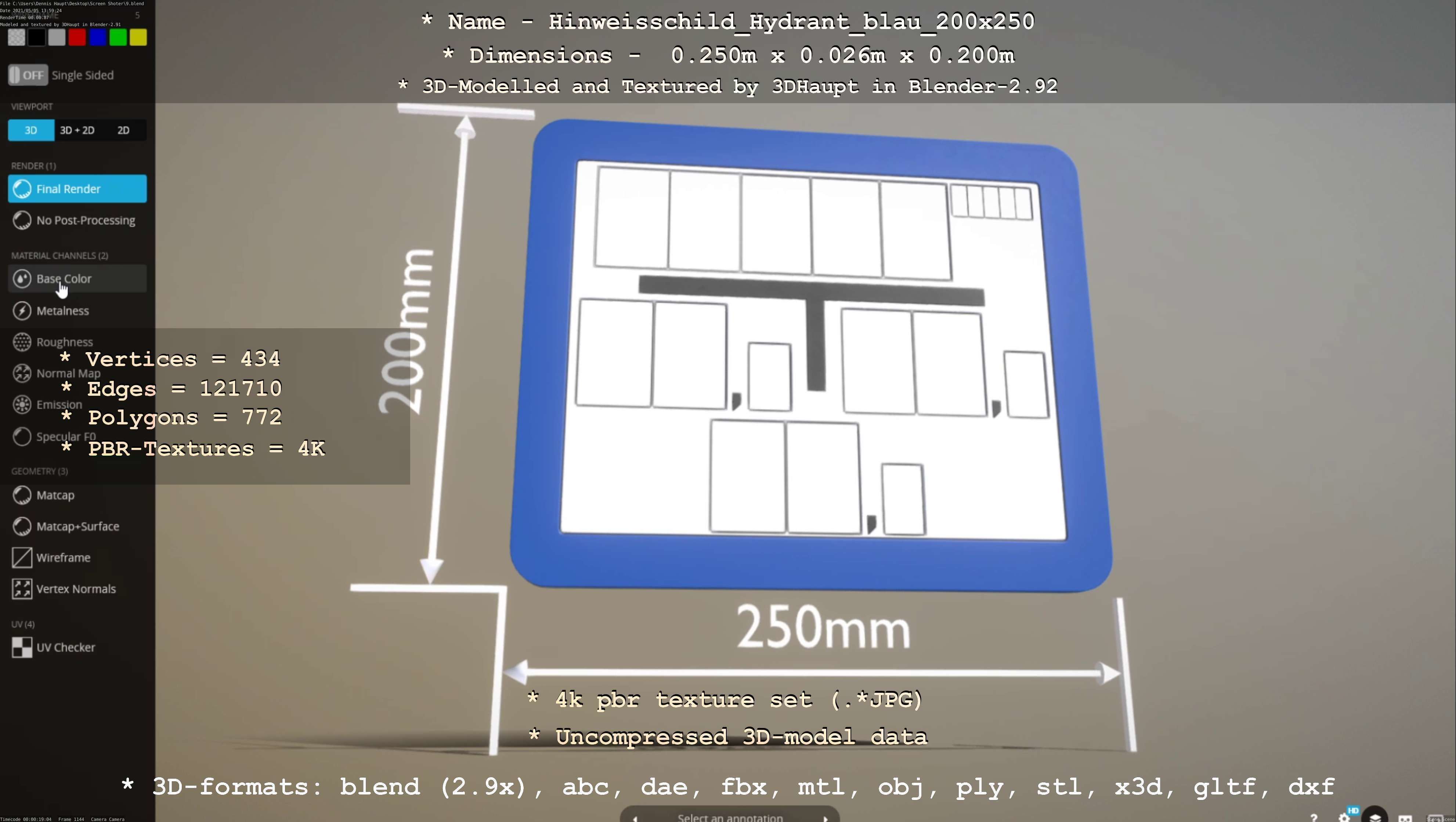 Hinweisschild Hydrant blau 200x250mm Low-poly 3D model_9
