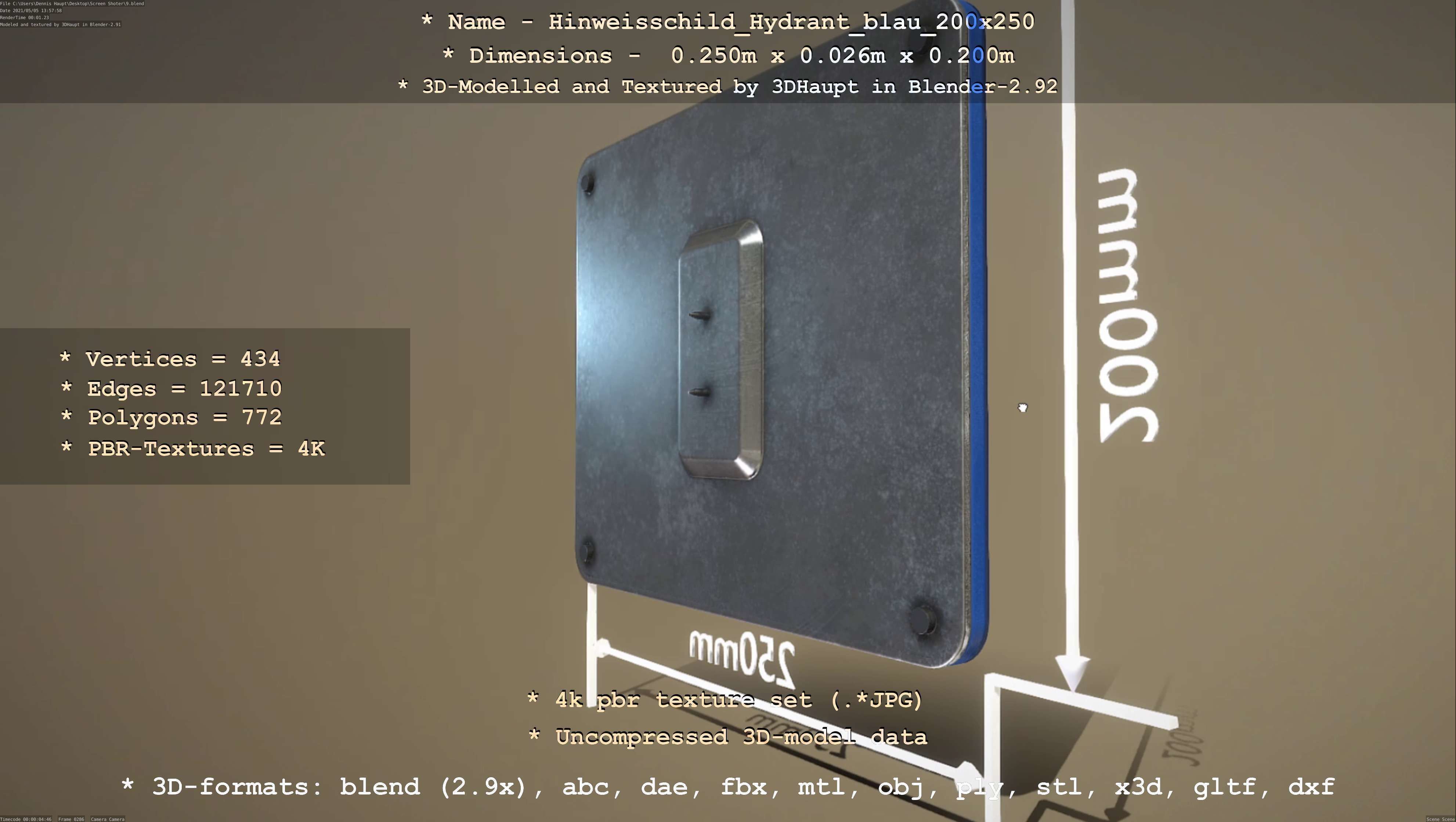 Hinweisschild Hydrant blau 200x250mm Low-poly 3D model_27