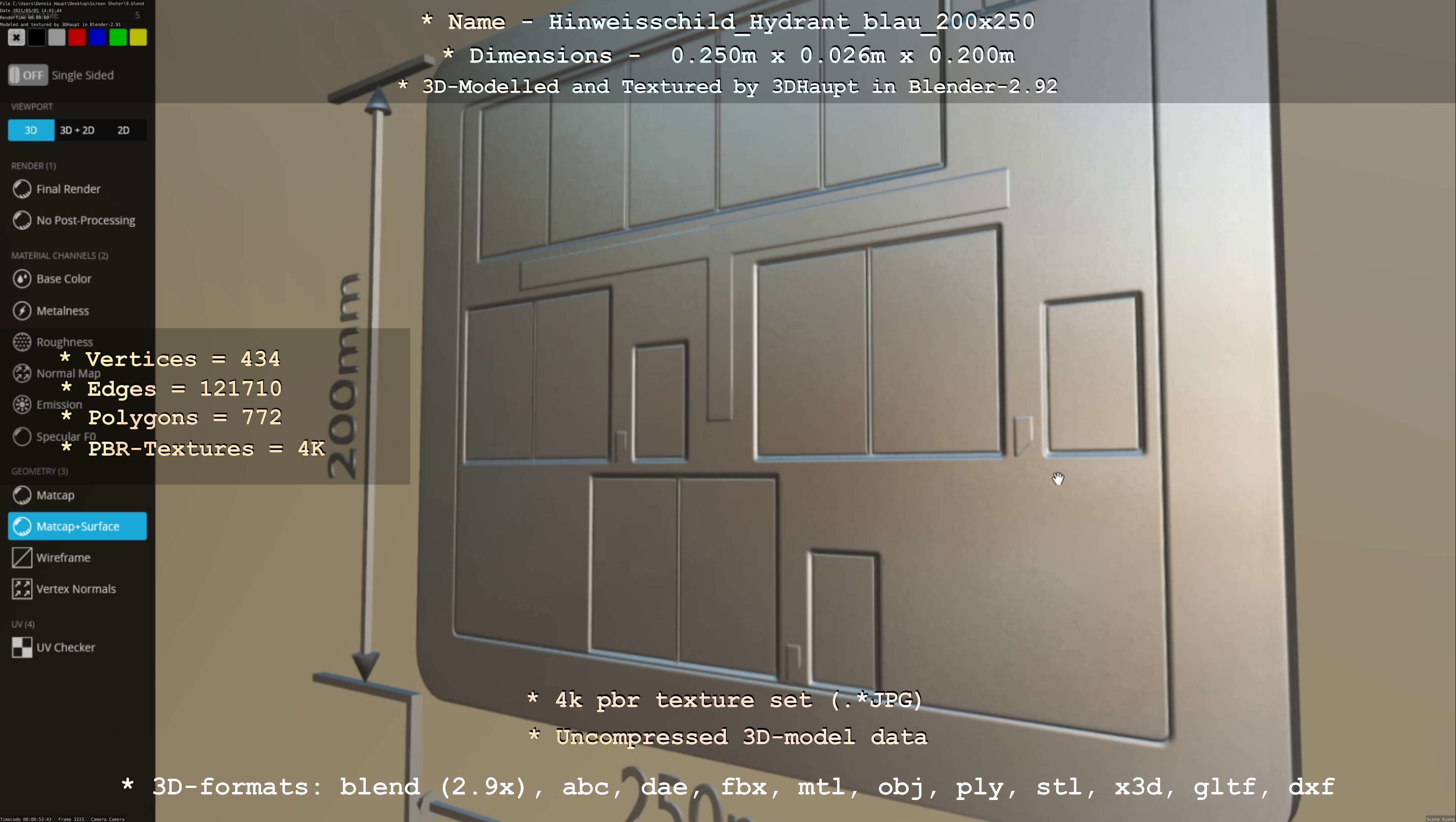 Hinweisschild Hydrant blau 200x250mm Low-poly 3D model_91