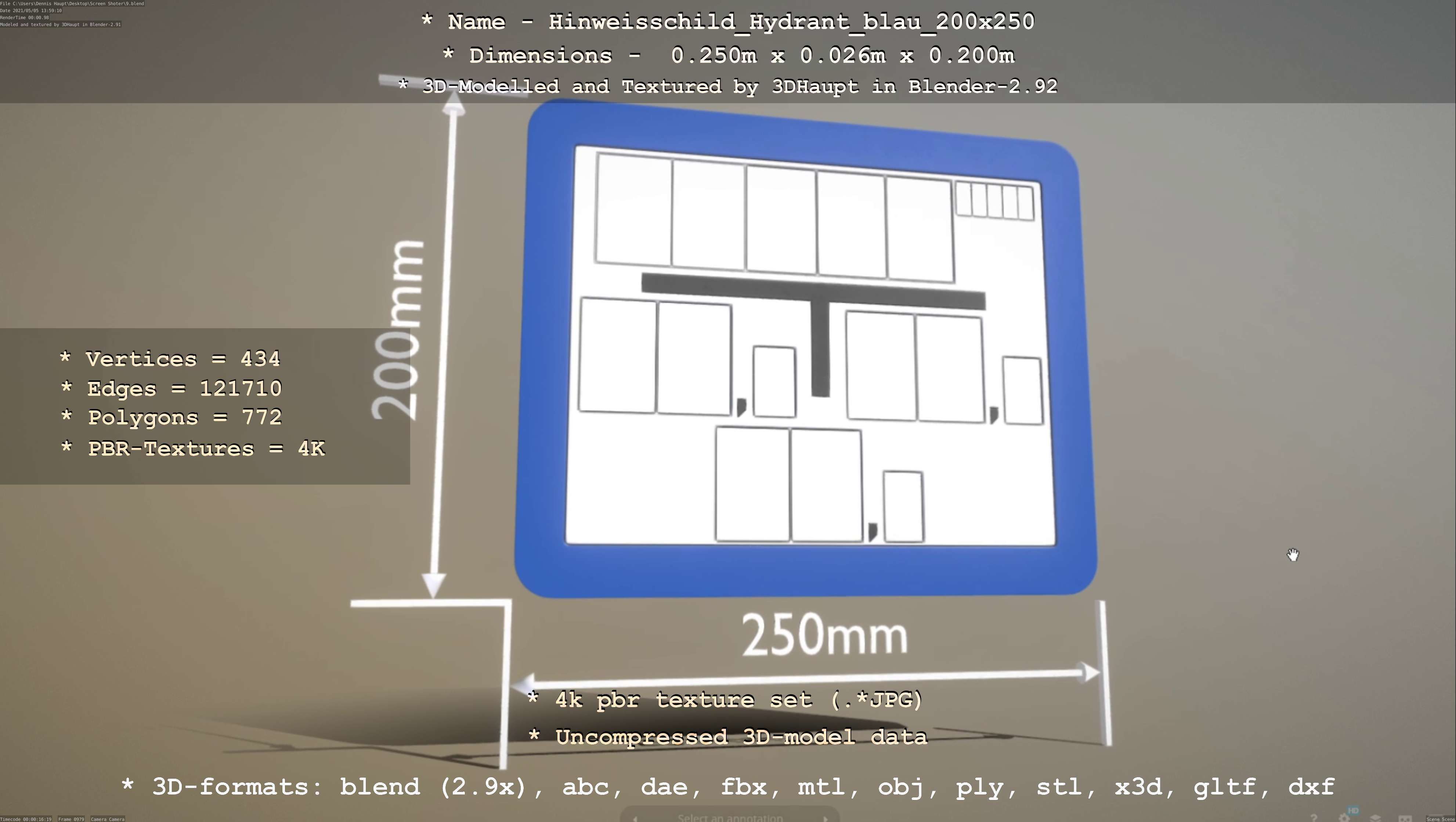 Hinweisschild Hydrant blau 200x250mm Low-poly 3D model_32
