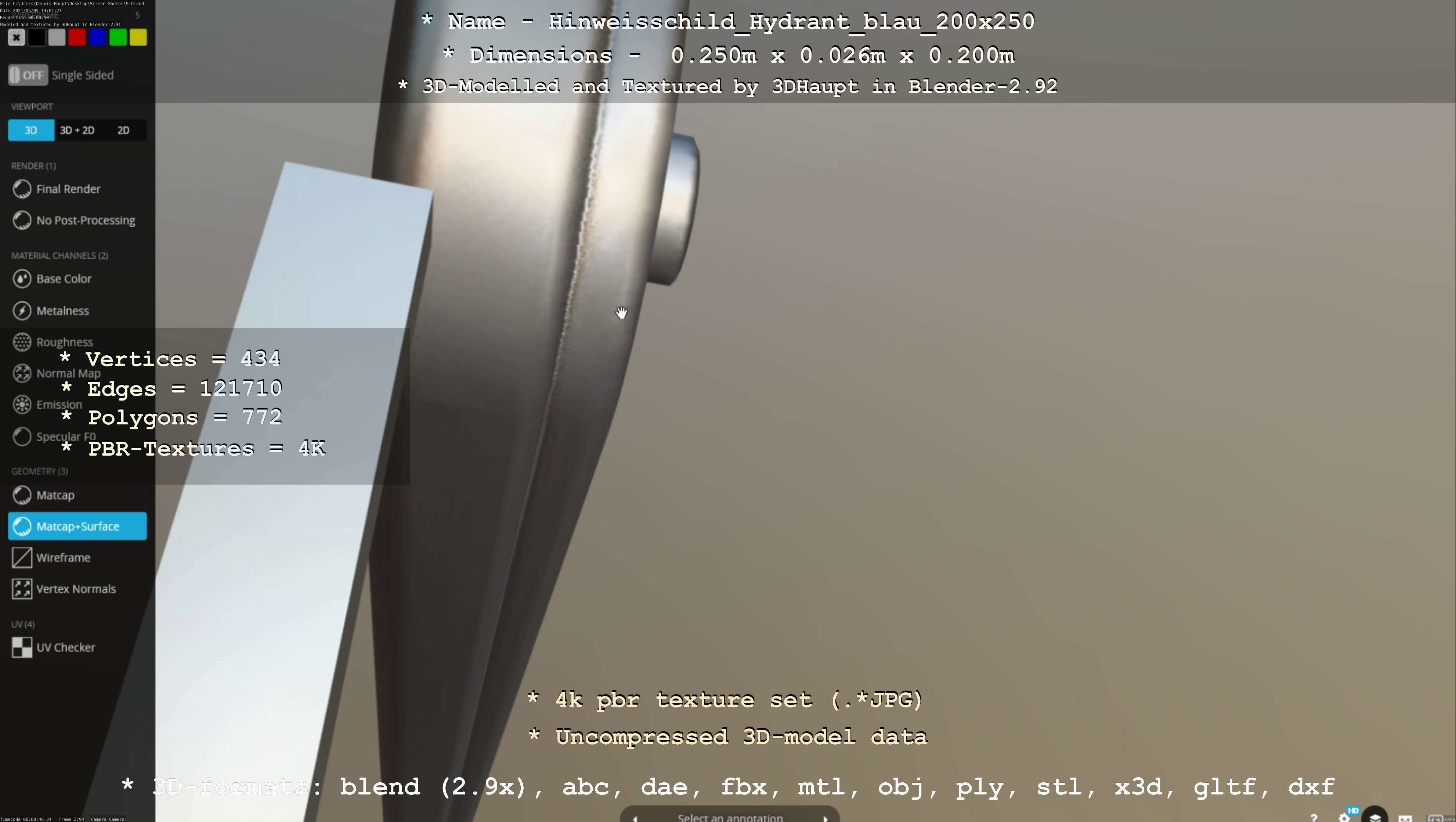 Hinweisschild Hydrant blau 200x250mm Low-poly 3D model_80