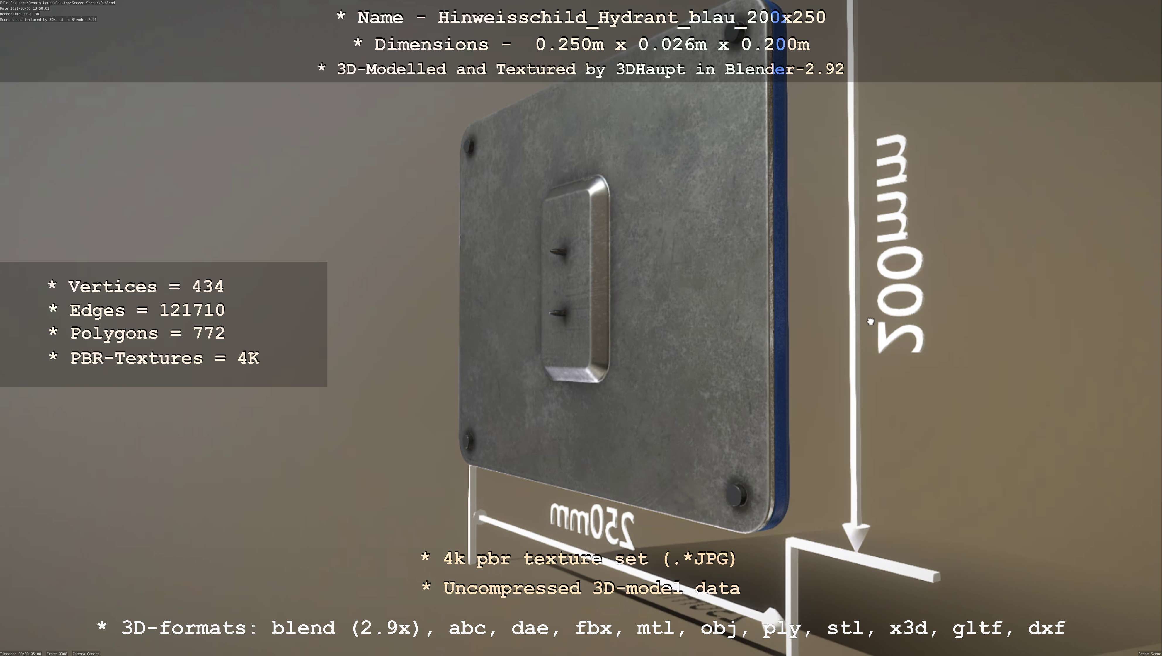 Hinweisschild Hydrant blau 200x250mm Low-poly 3D model_97