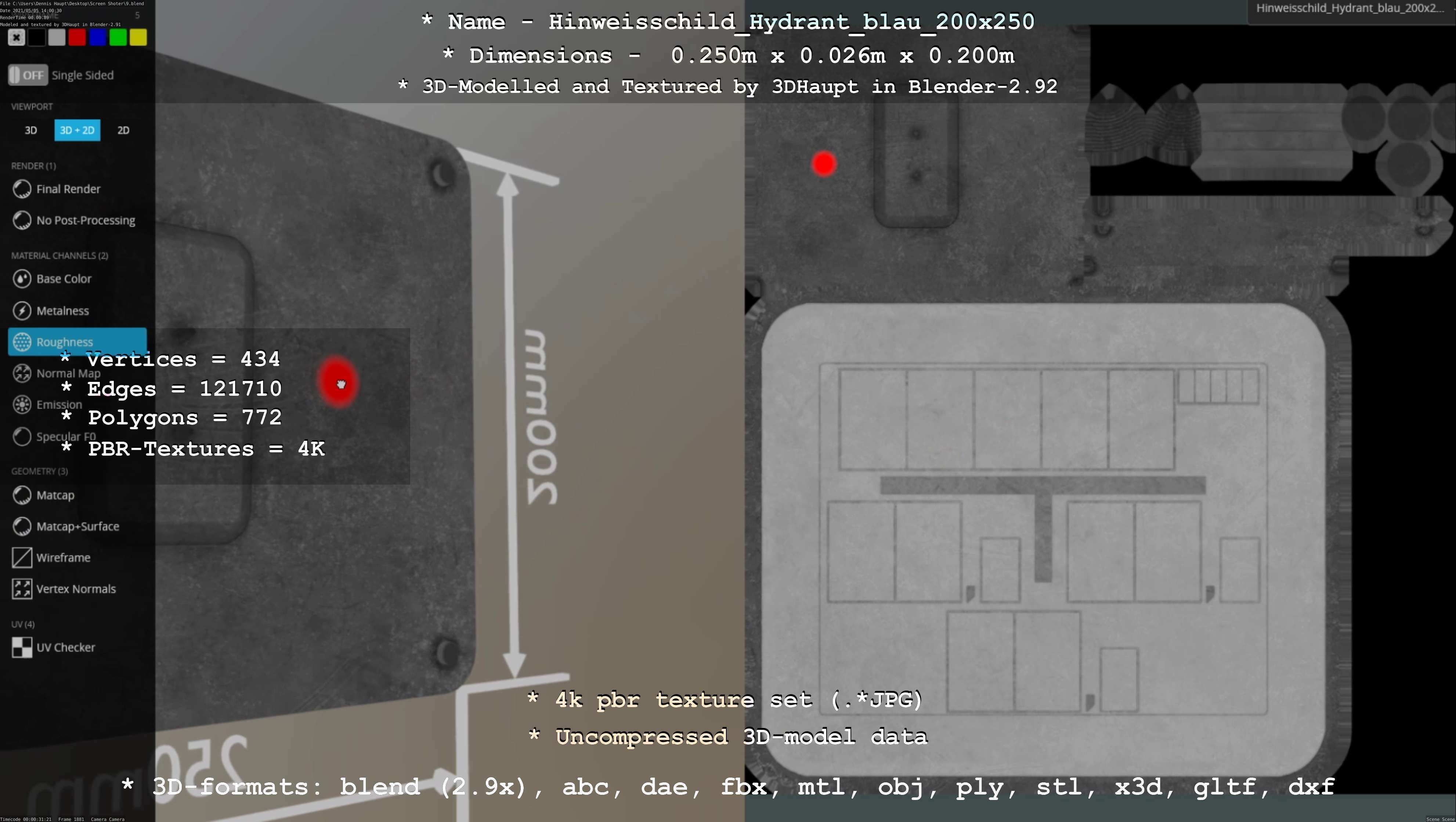 Hinweisschild Hydrant blau 200x250mm Low-poly 3D model_54