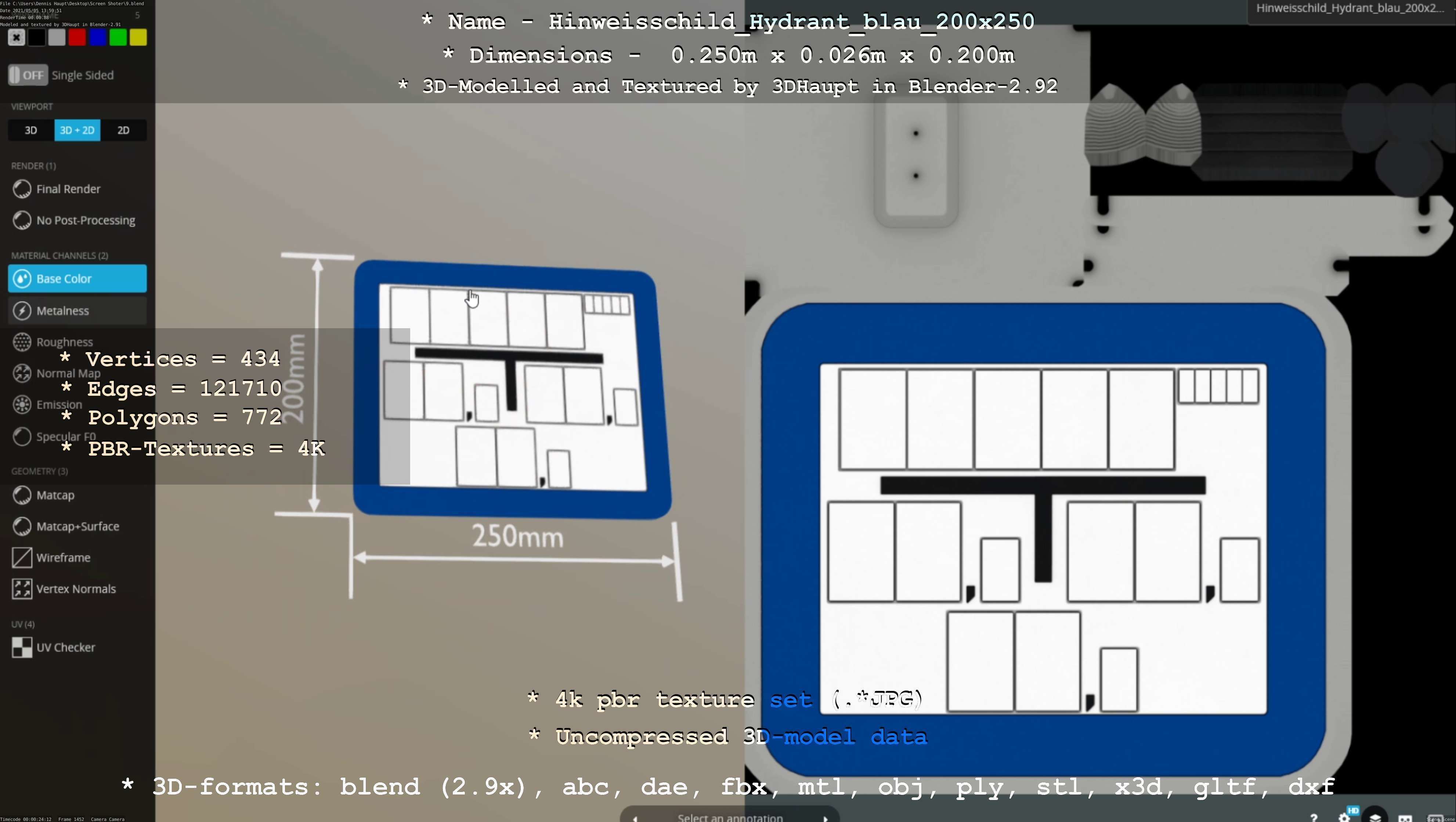 Hinweisschild Hydrant blau 200x250mm Low-poly 3D model_46