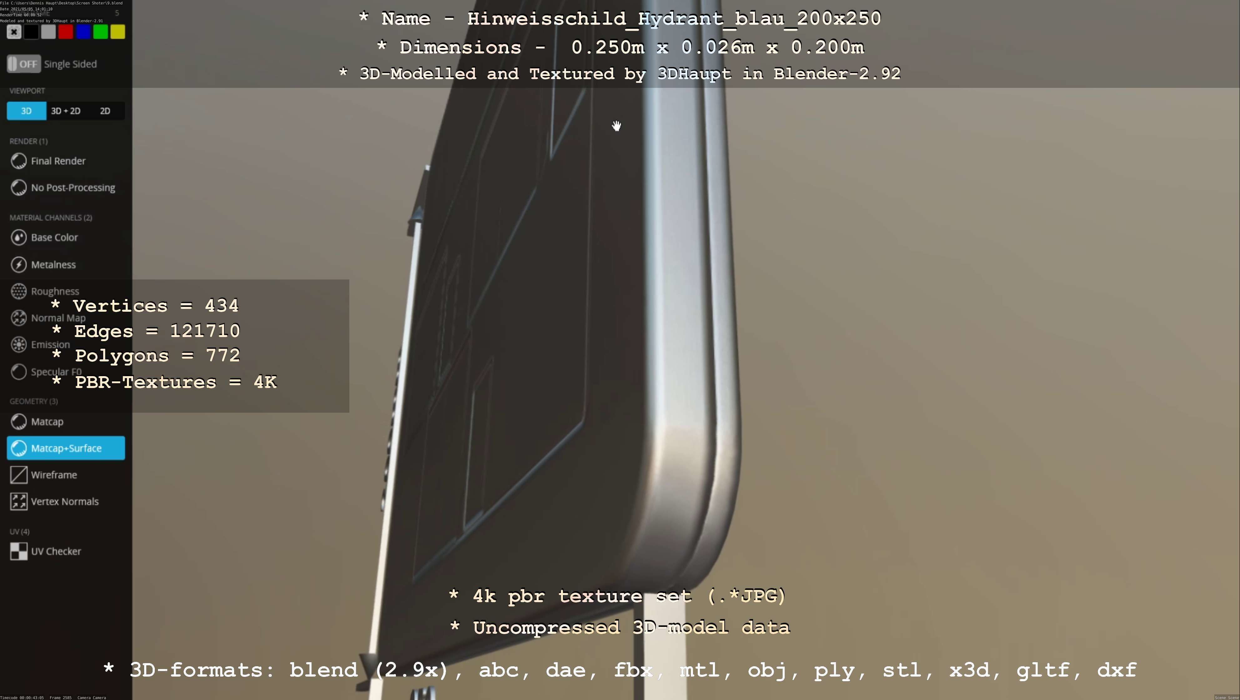 Hinweisschild Hydrant blau 200x250mm Low-poly 3D model_75