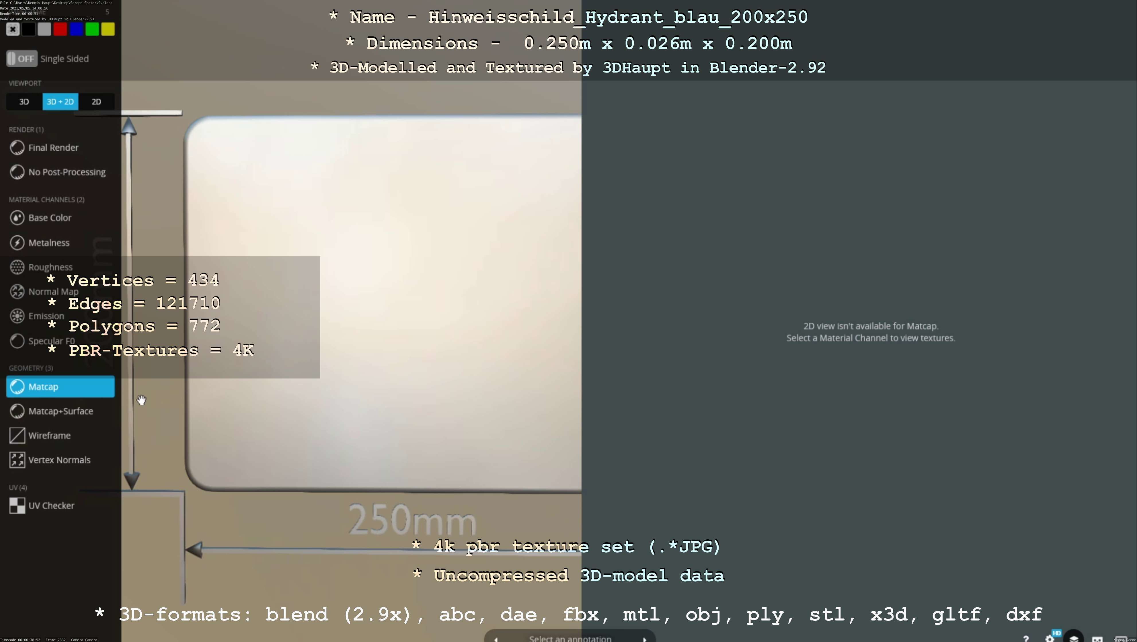 Hinweisschild Hydrant blau 200x250mm Low-poly 3D model_65