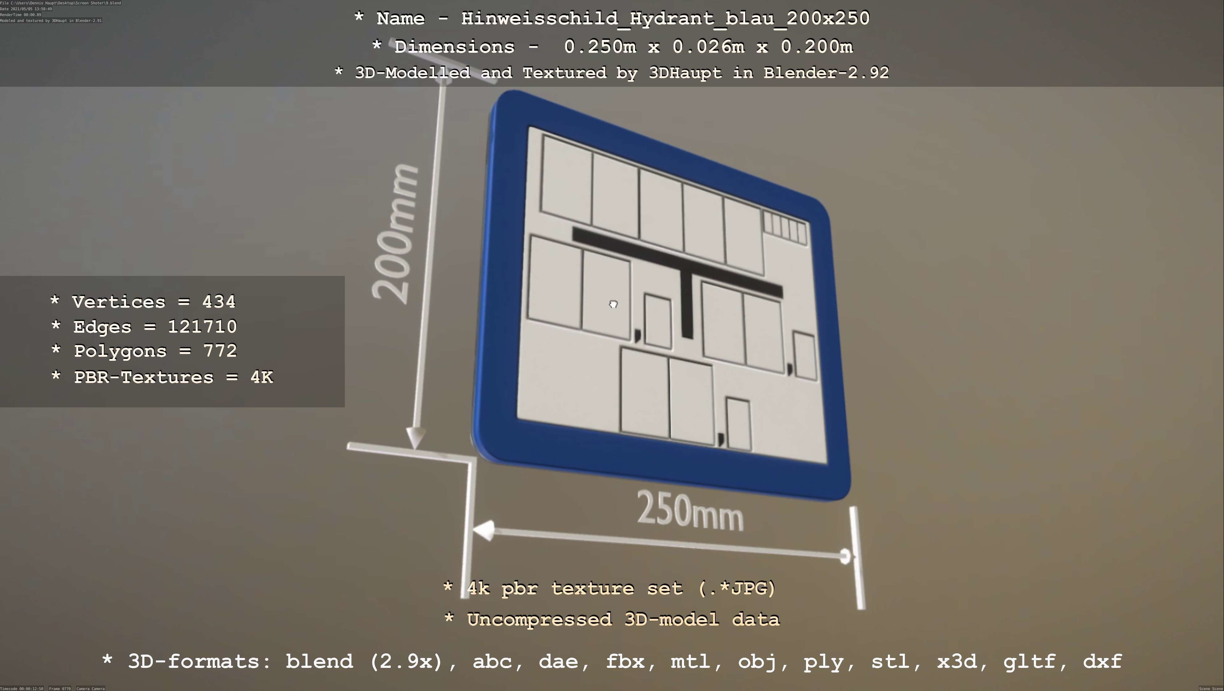 Hinweisschild Hydrant blau 200x250mm Low-poly 3D model_99