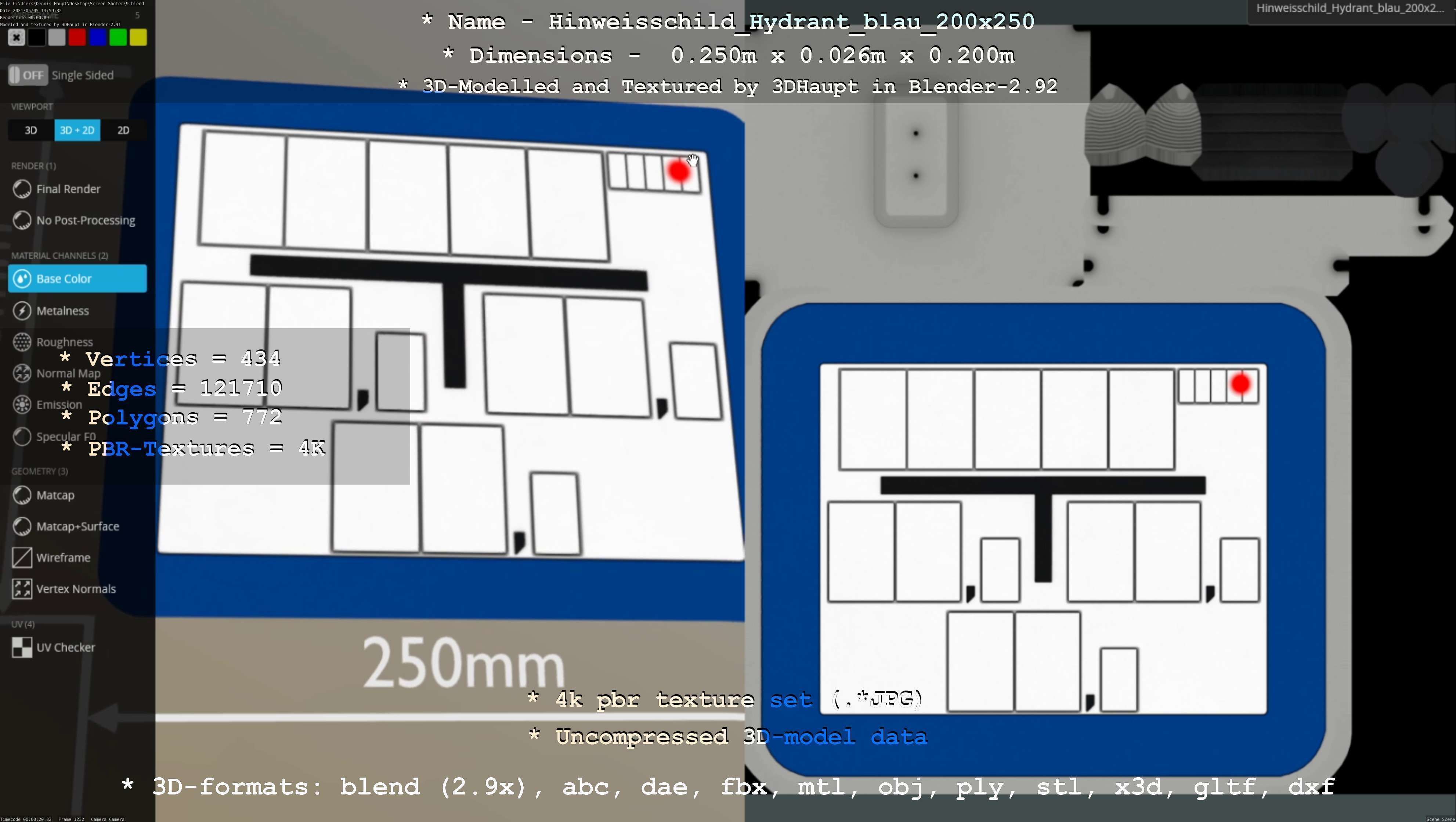 Hinweisschild Hydrant blau 200x250mm Low-poly 3D model_41