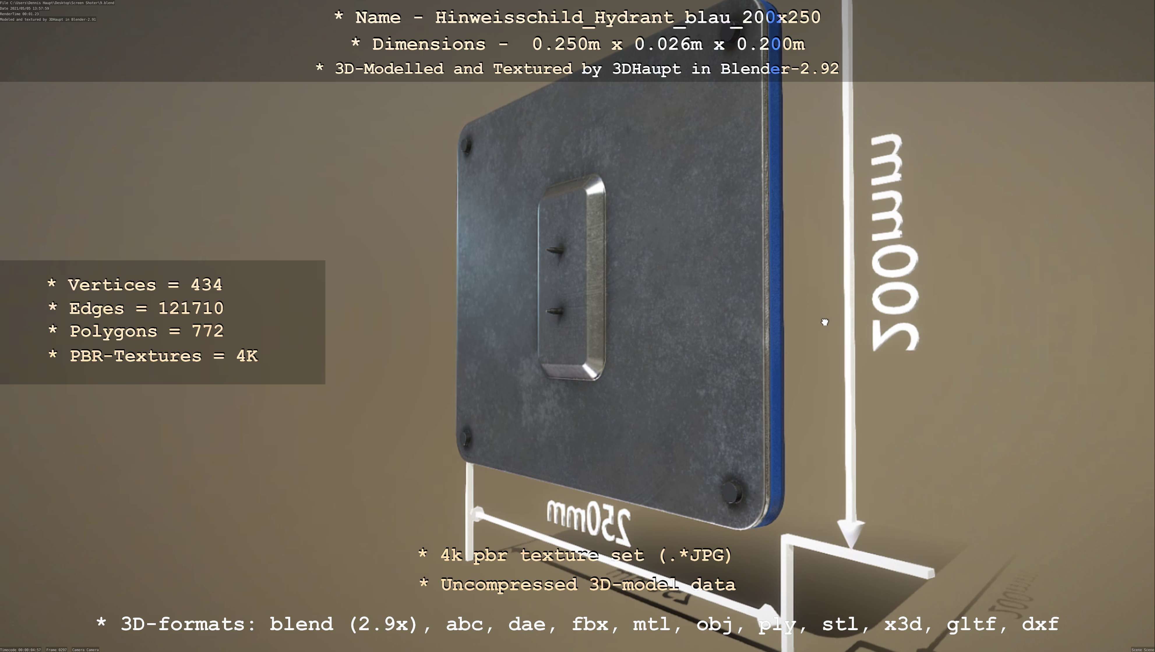 Hinweisschild Hydrant blau 200x250mm Low-poly 3D model_96