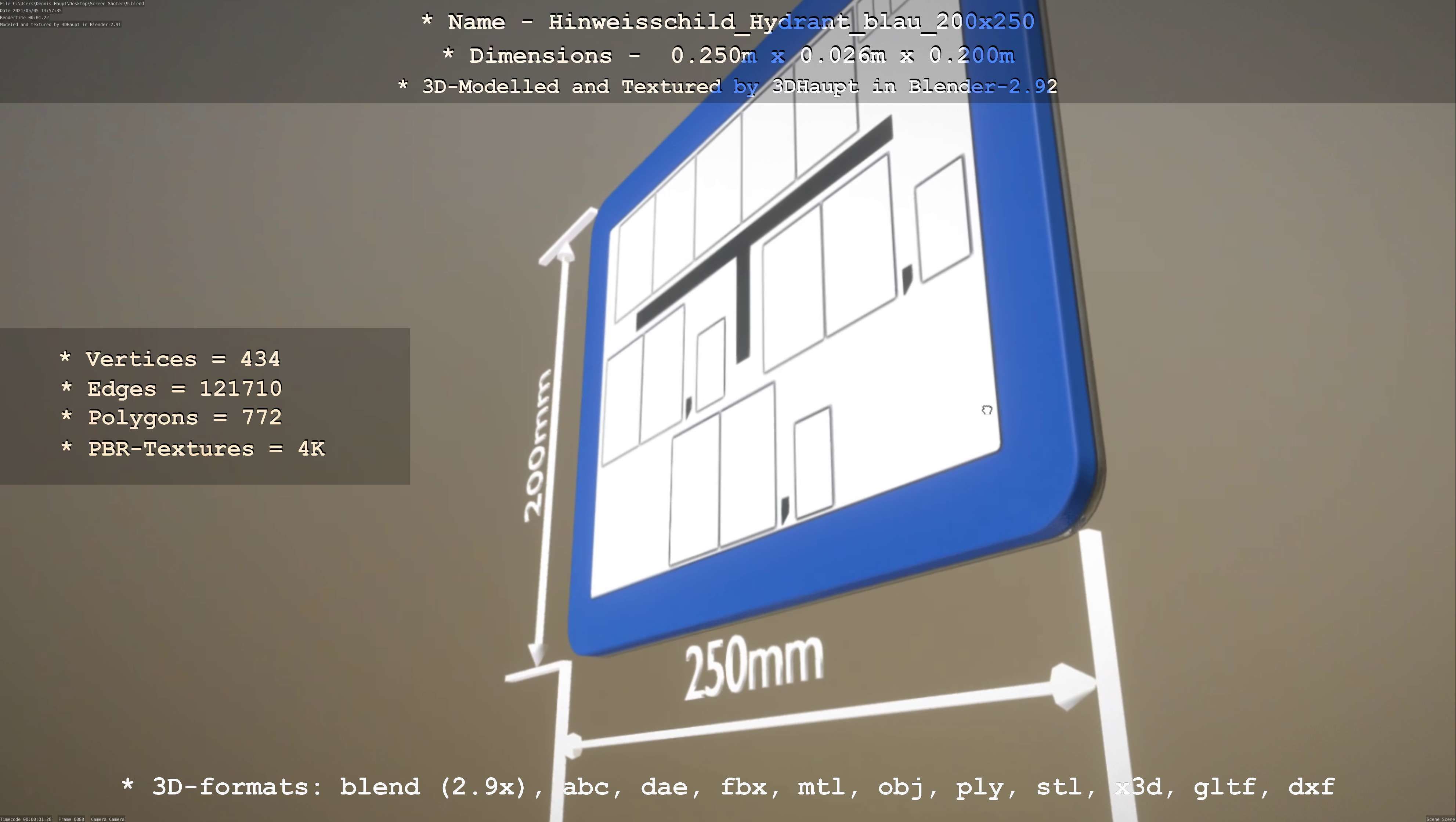 Hinweisschild Hydrant blau 200x250mm Low-poly 3D model_13