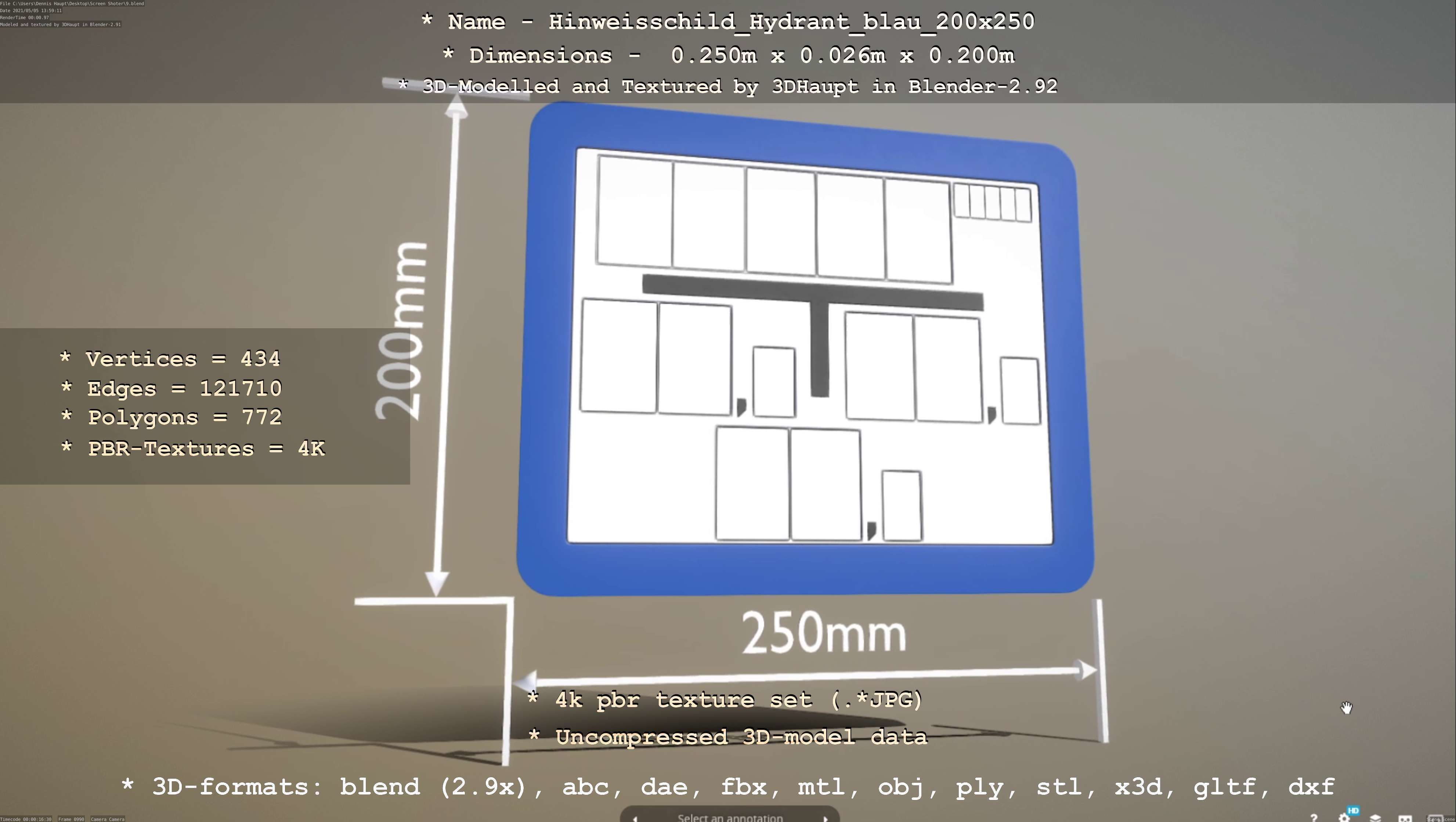 Hinweisschild Hydrant blau 200x250mm Low-poly 3D model_33