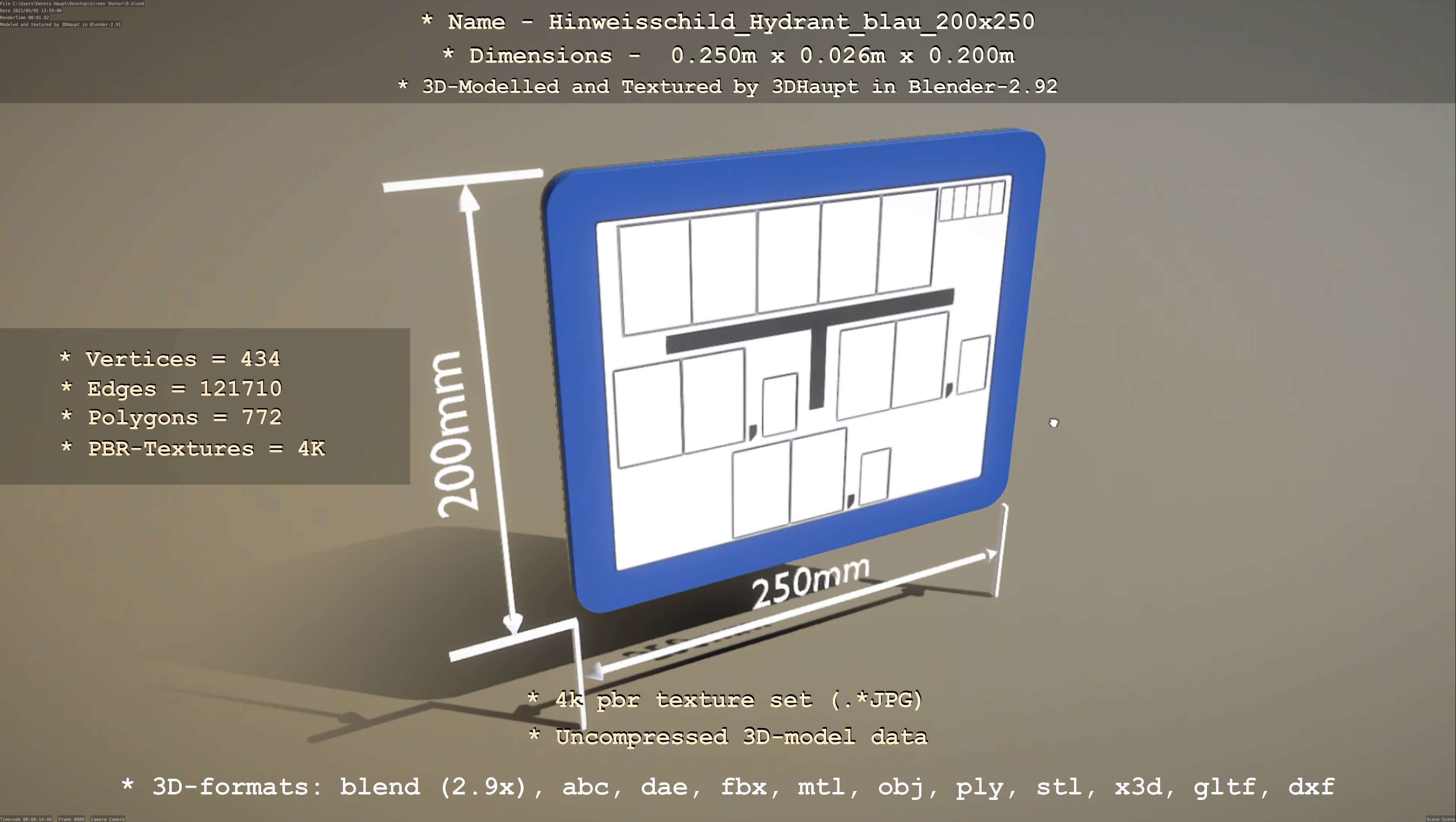 Hinweisschild Hydrant blau 200x250mm Low-poly 3D model_8
