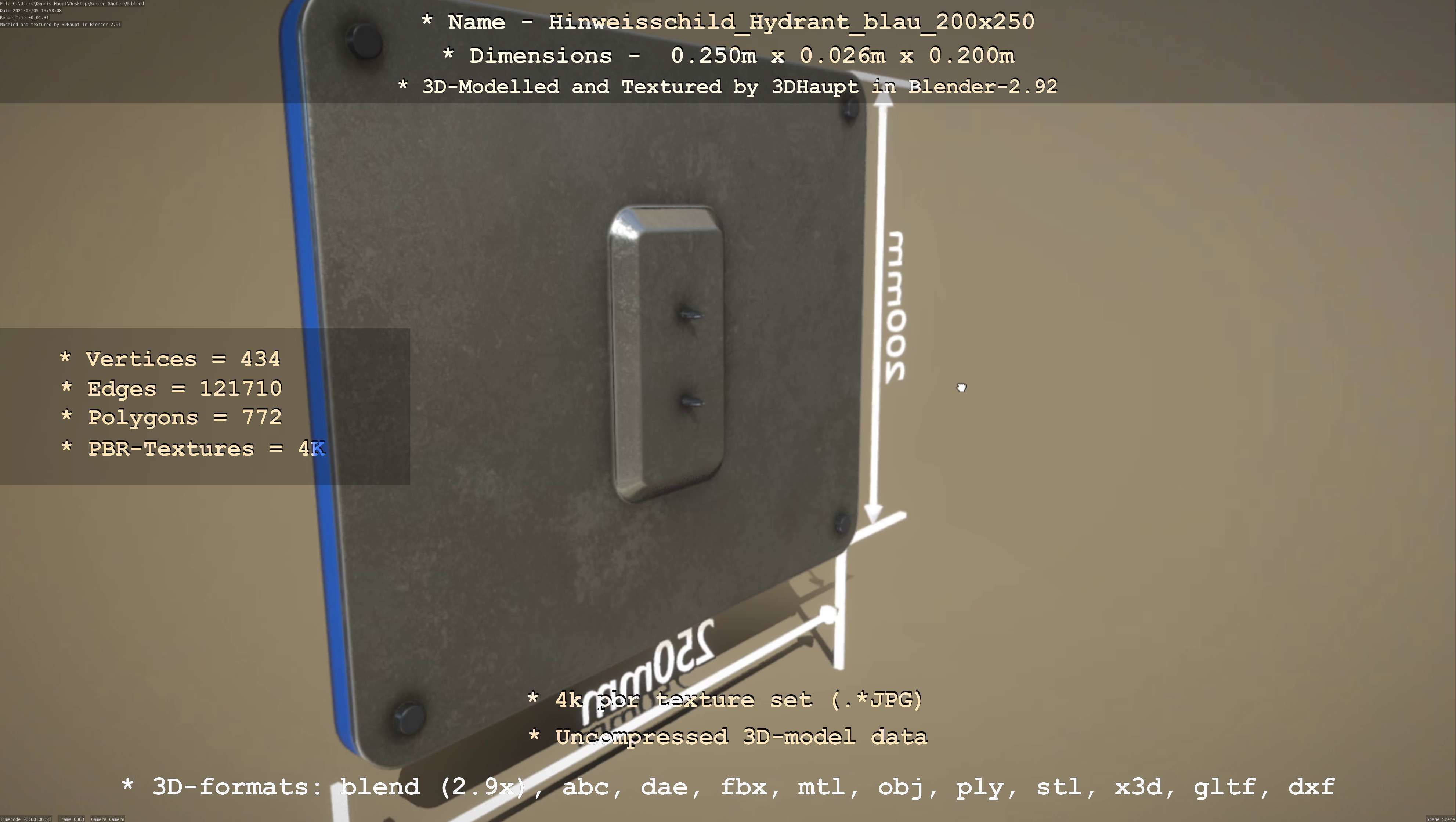 Hinweisschild Hydrant blau 200x250mm Low-poly 3D model_28