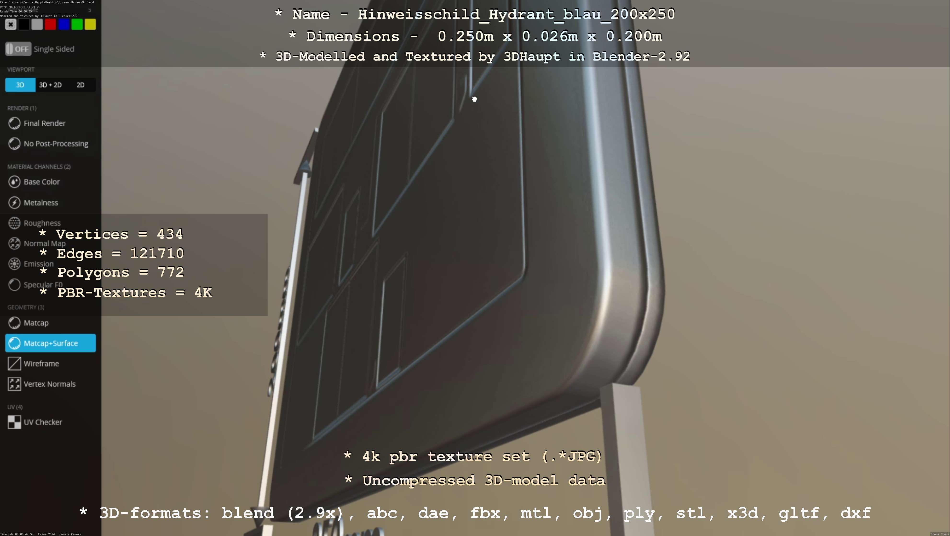 Hinweisschild Hydrant blau 200x250mm Low-poly 3D model_74