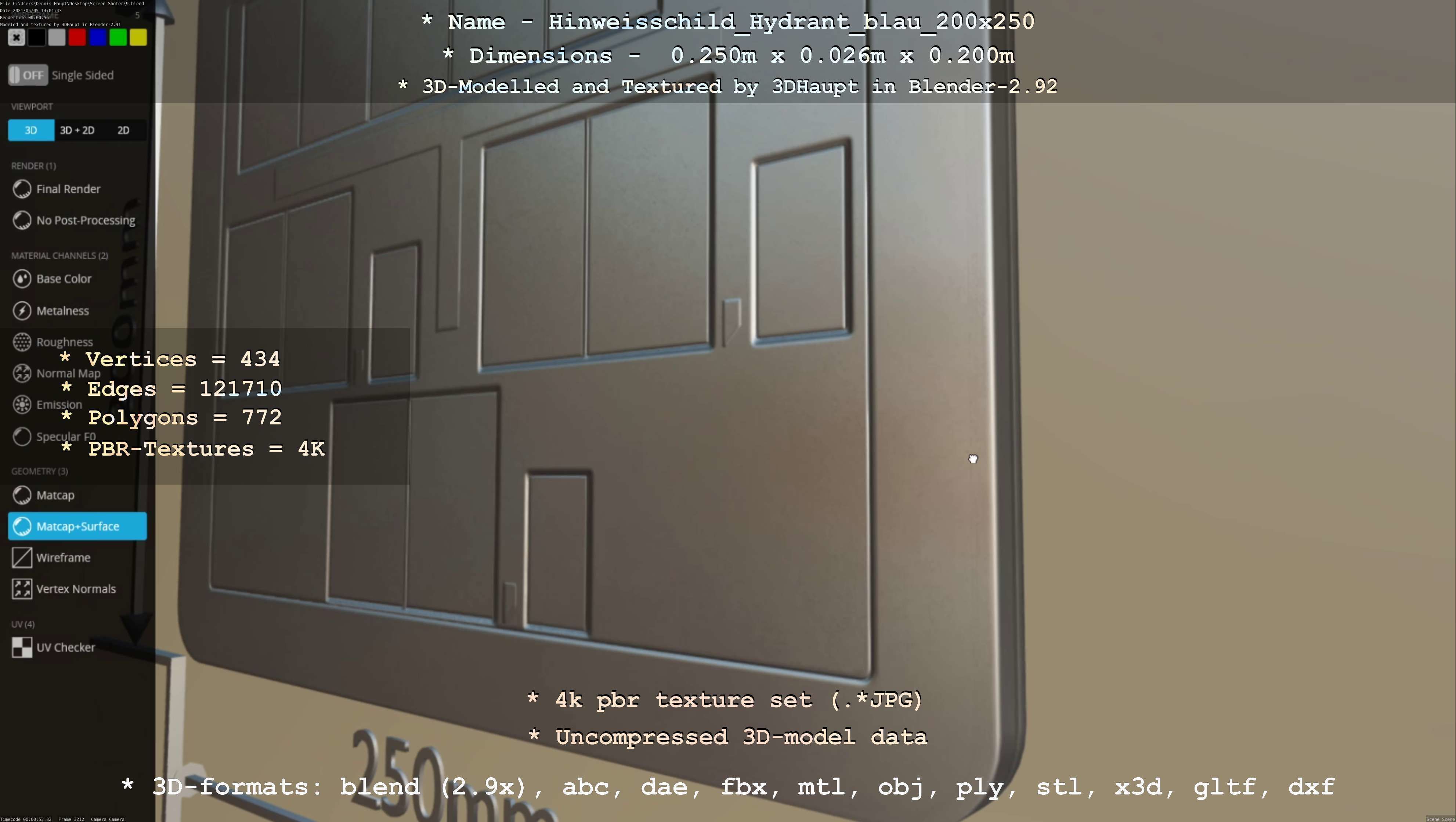 Hinweisschild Hydrant blau 200x250mm Low-poly 3D model_19