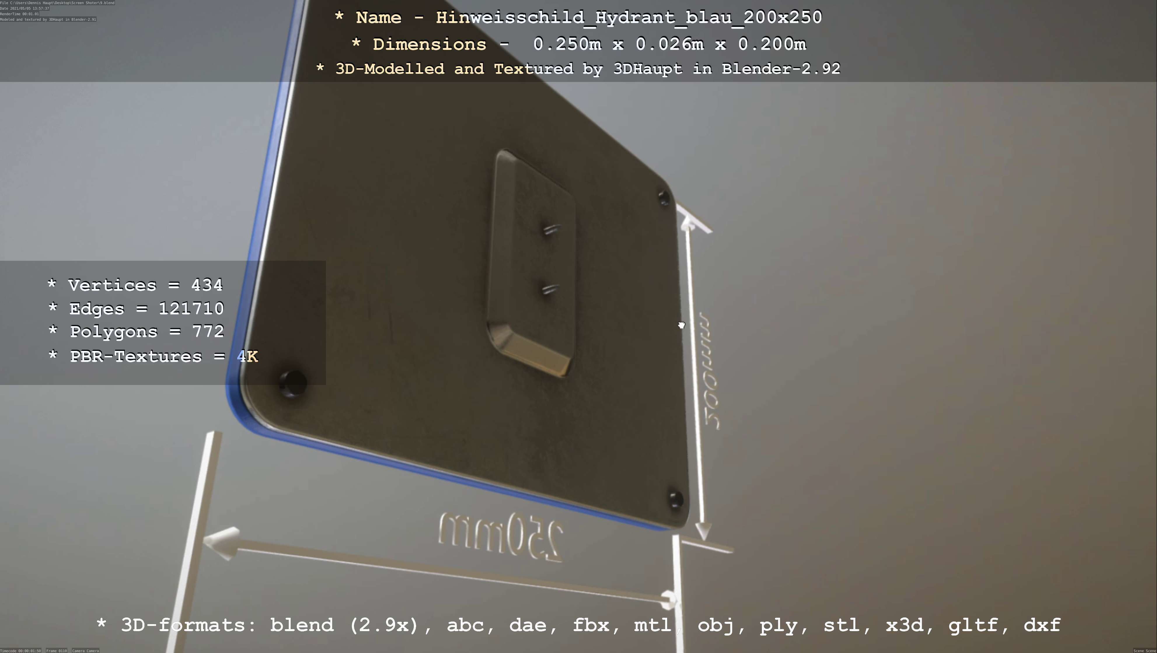 Hinweisschild Hydrant blau 200x250mm Low-poly 3D model_22