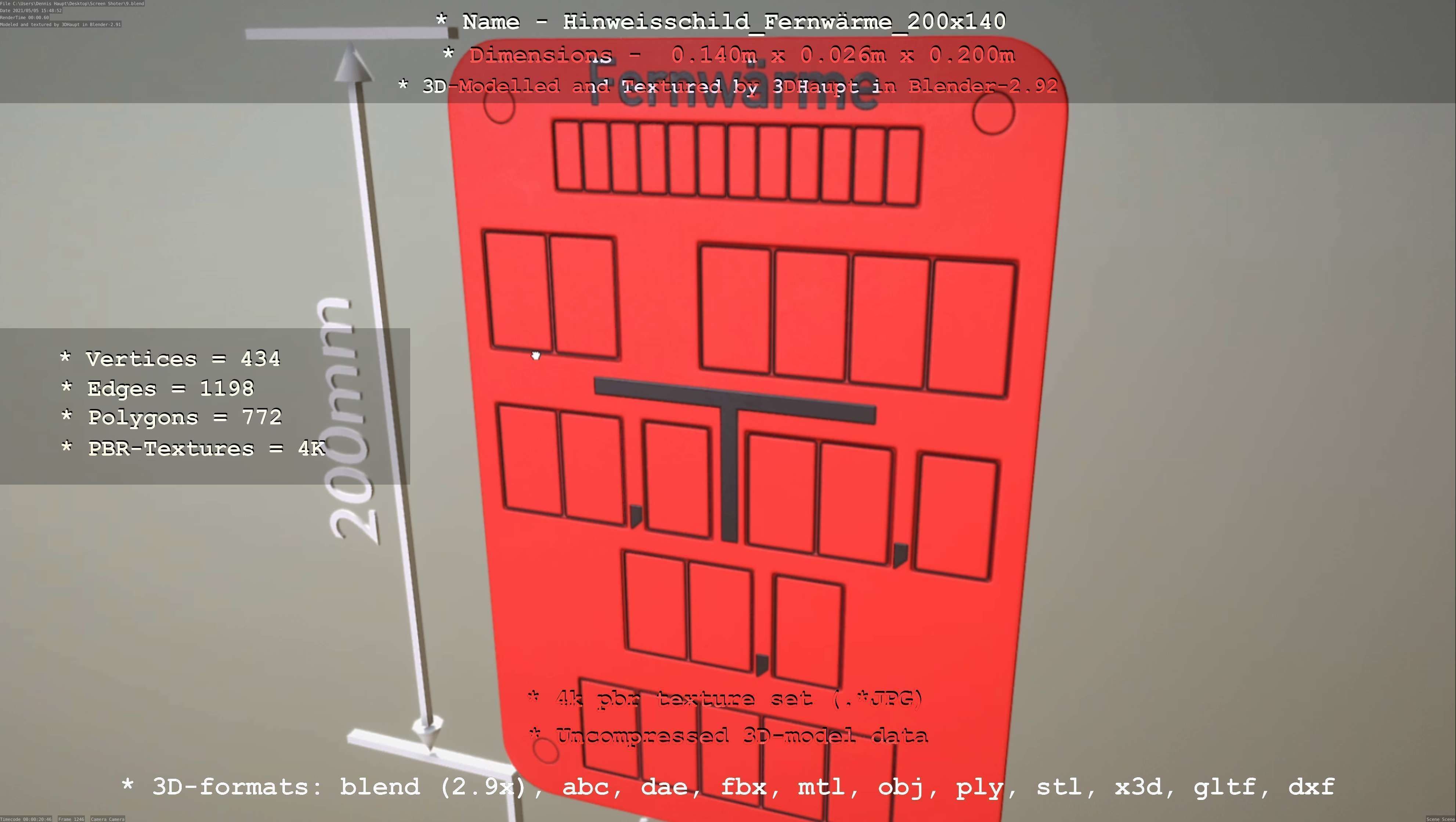 Hinweisschild Fernwaerme 200x140mm Low-poly 3D model_9