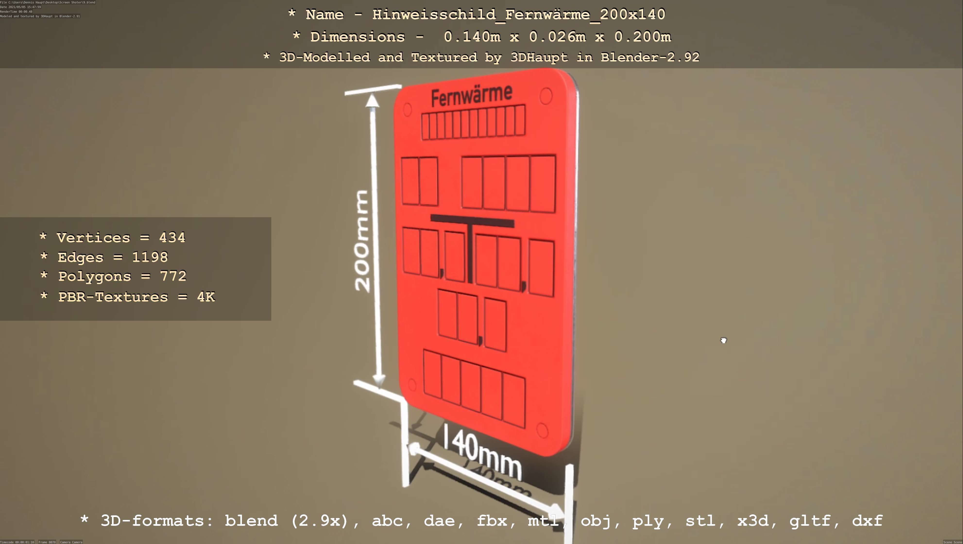 Hinweisschild Fernwaerme 200x140mm Low-poly 3D model_88