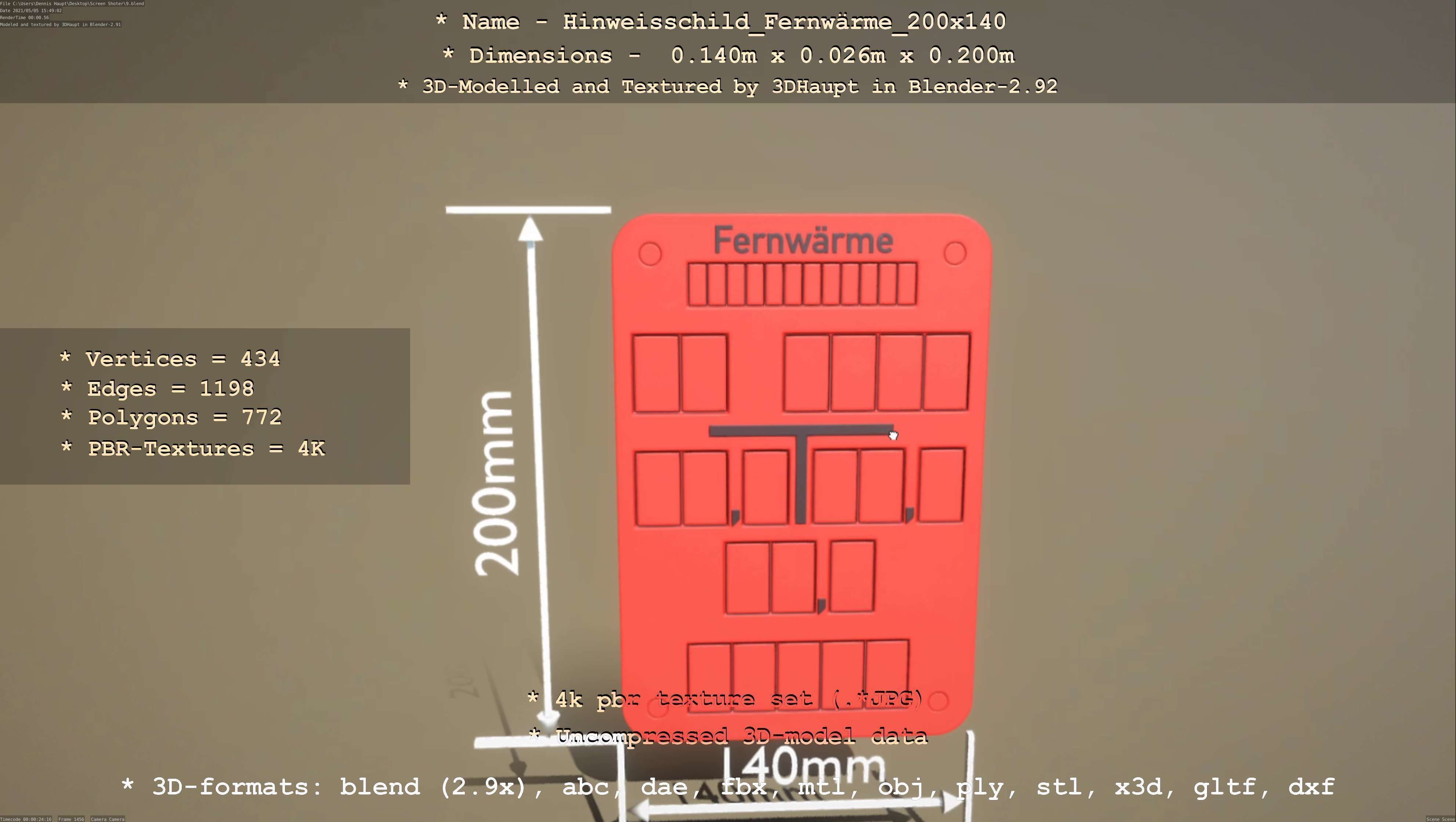 Hinweisschild Fernwaerme 200x140mm Low-poly 3D model_10