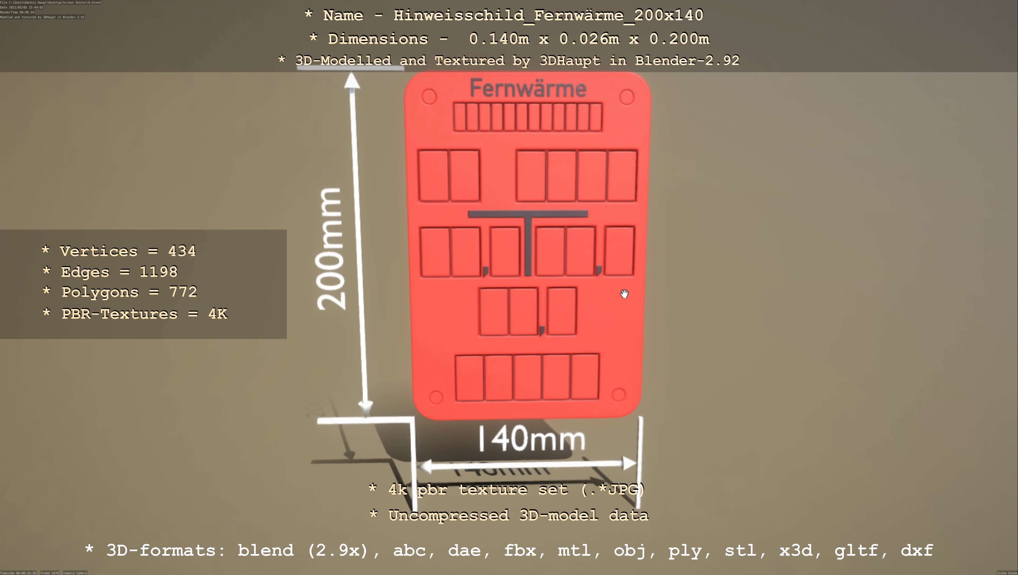 Hinweisschild Fernwaerme 200x140mm Low-poly 3D model_11