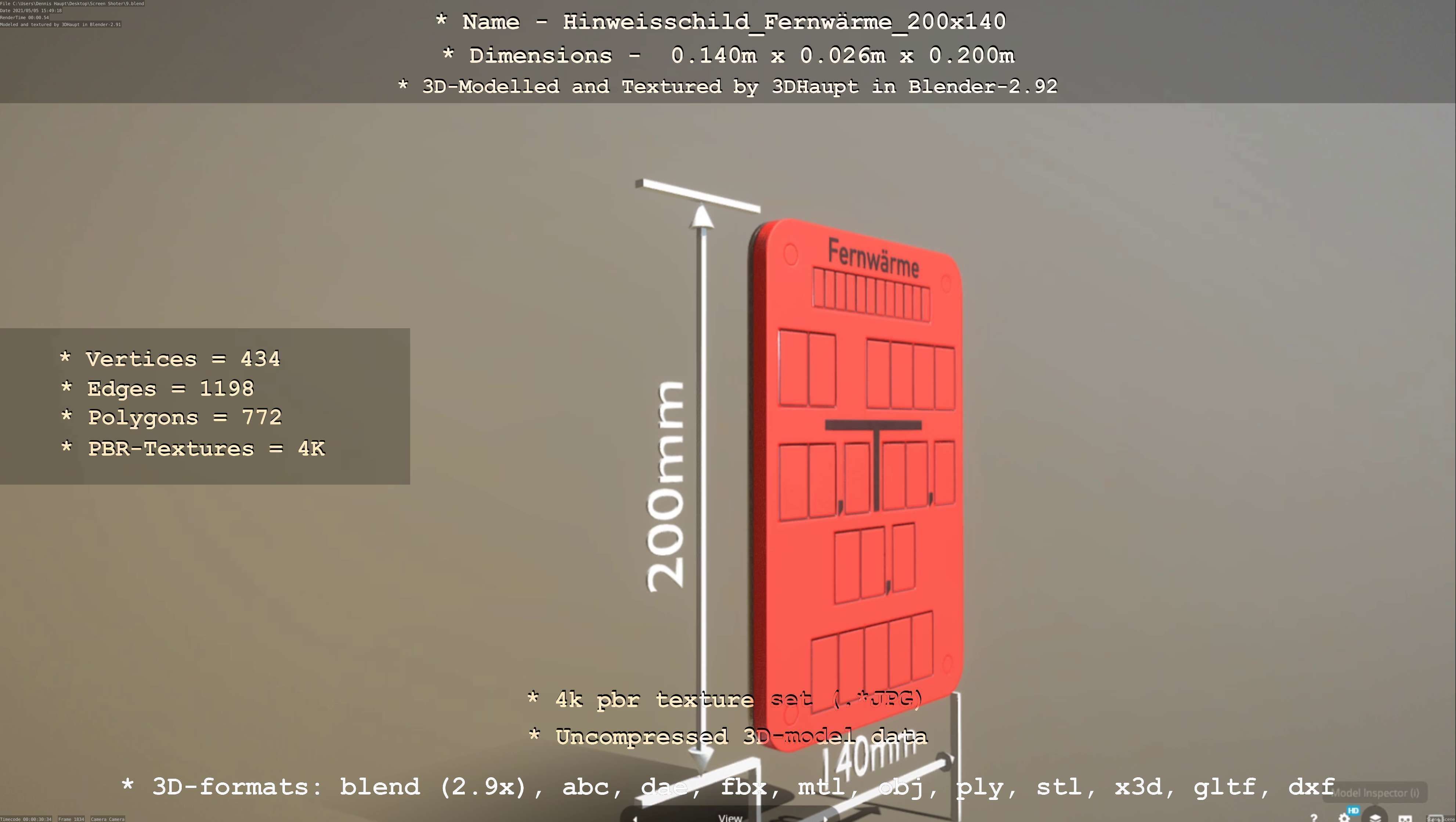 Hinweisschild Fernwaerme 200x140mm Low-poly 3D model_15