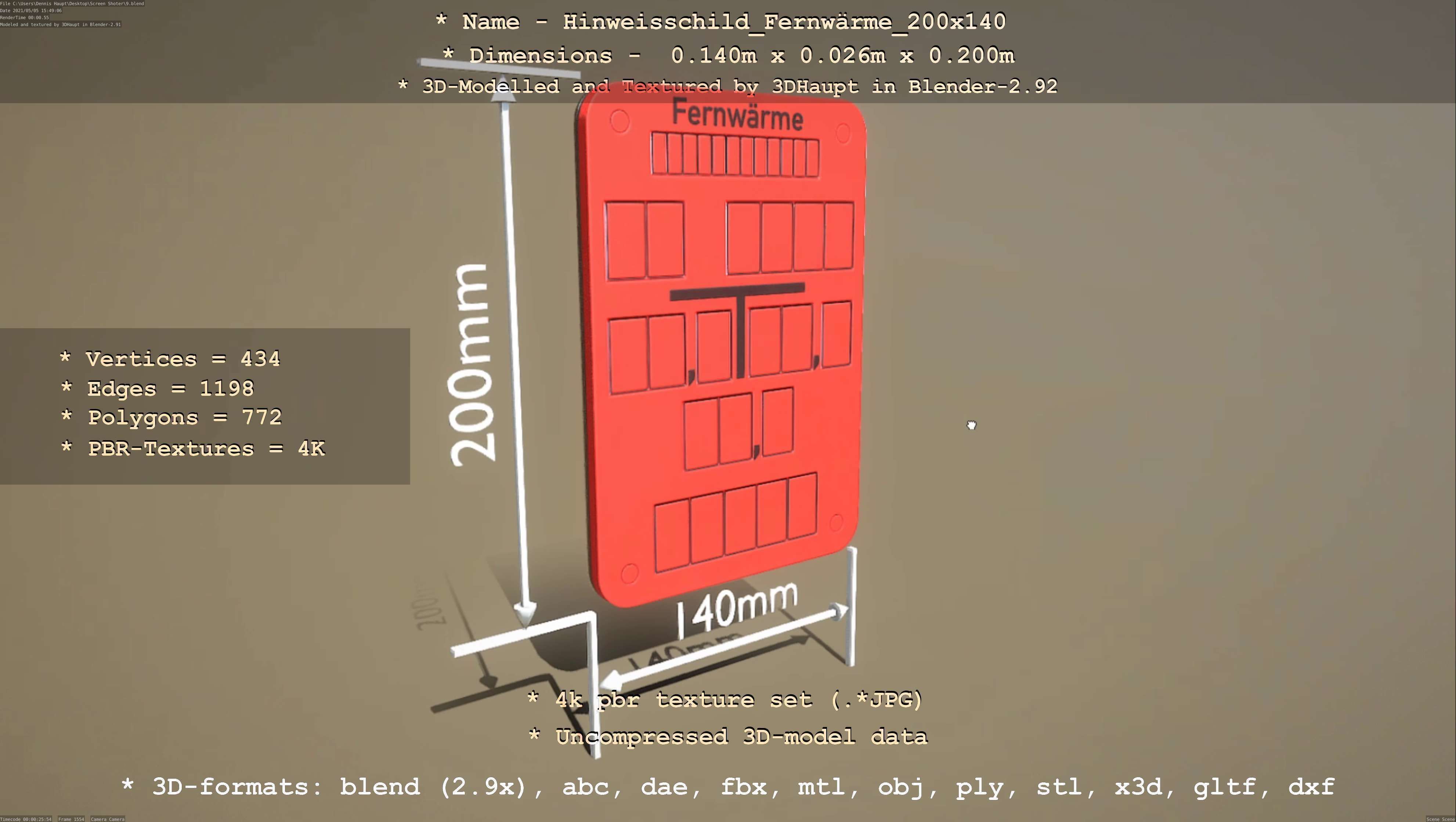 Hinweisschild Fernwaerme 200x140mm Low-poly 3D model_122