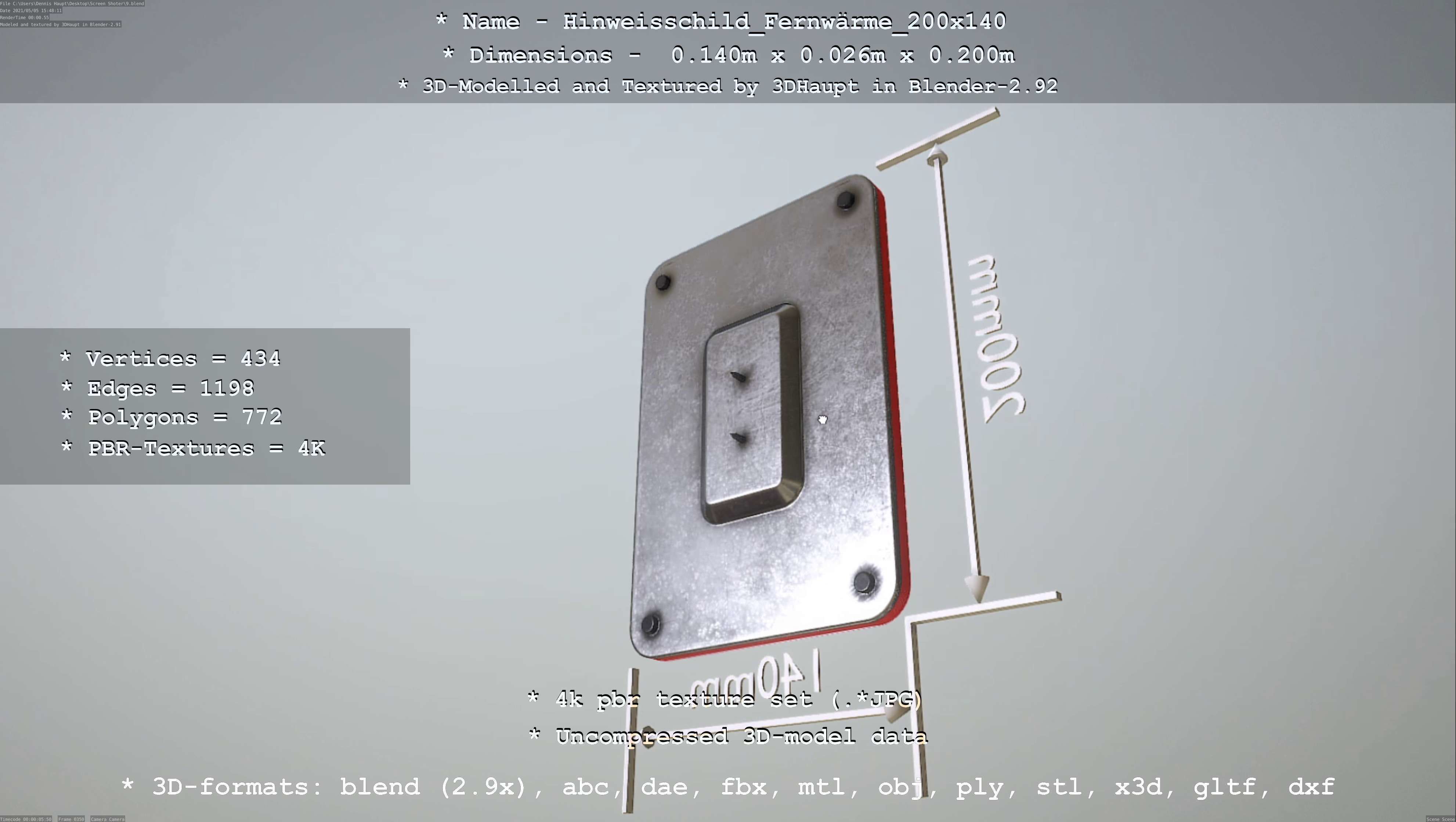 Hinweisschild Fernwaerme 200x140mm Low-poly 3D model_2