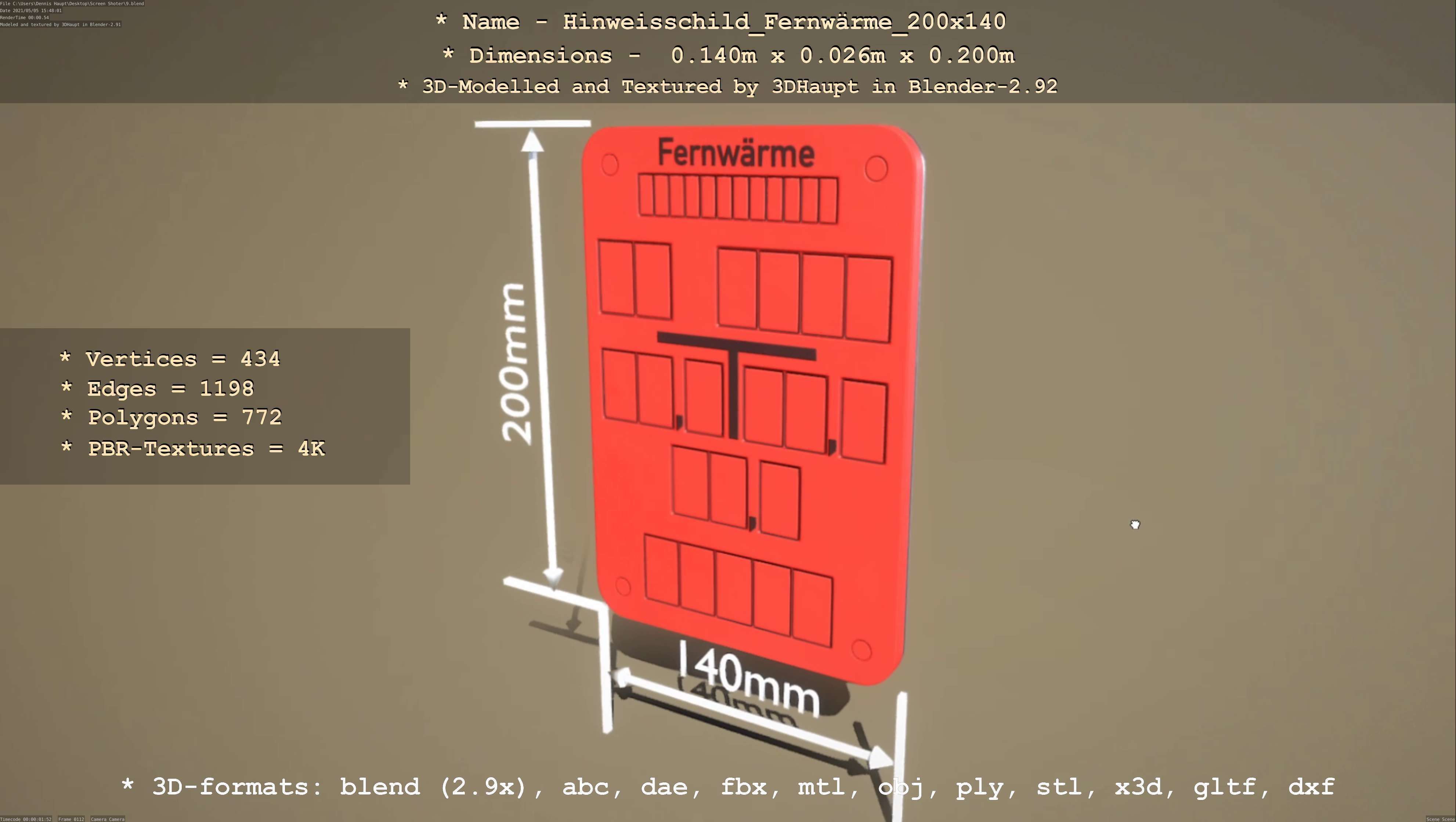 Hinweisschild Fernwaerme 200x140mm Low-poly 3D model_39