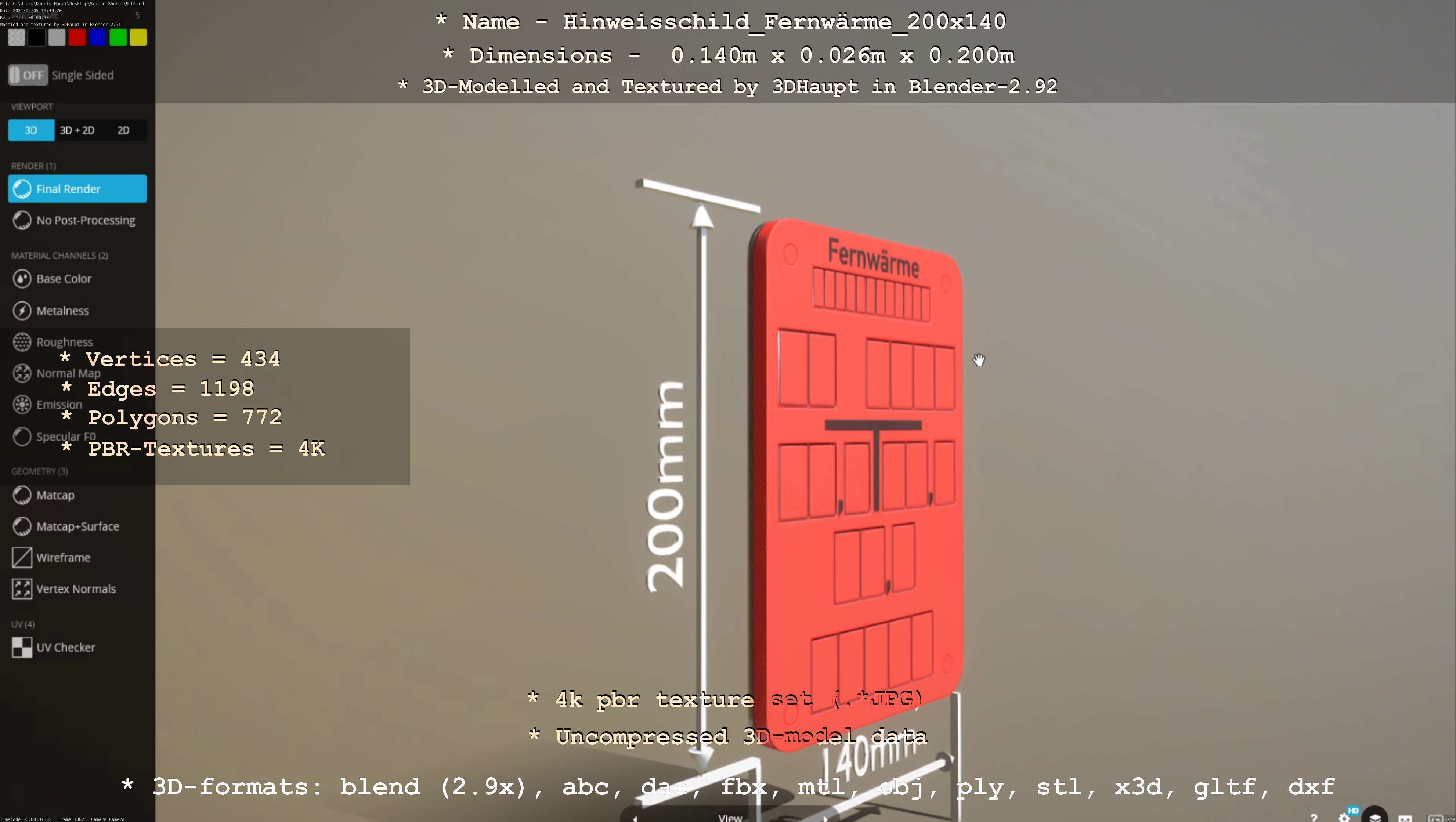 Hinweisschild Fernwaerme 200x140mm Low-poly 3D model_126