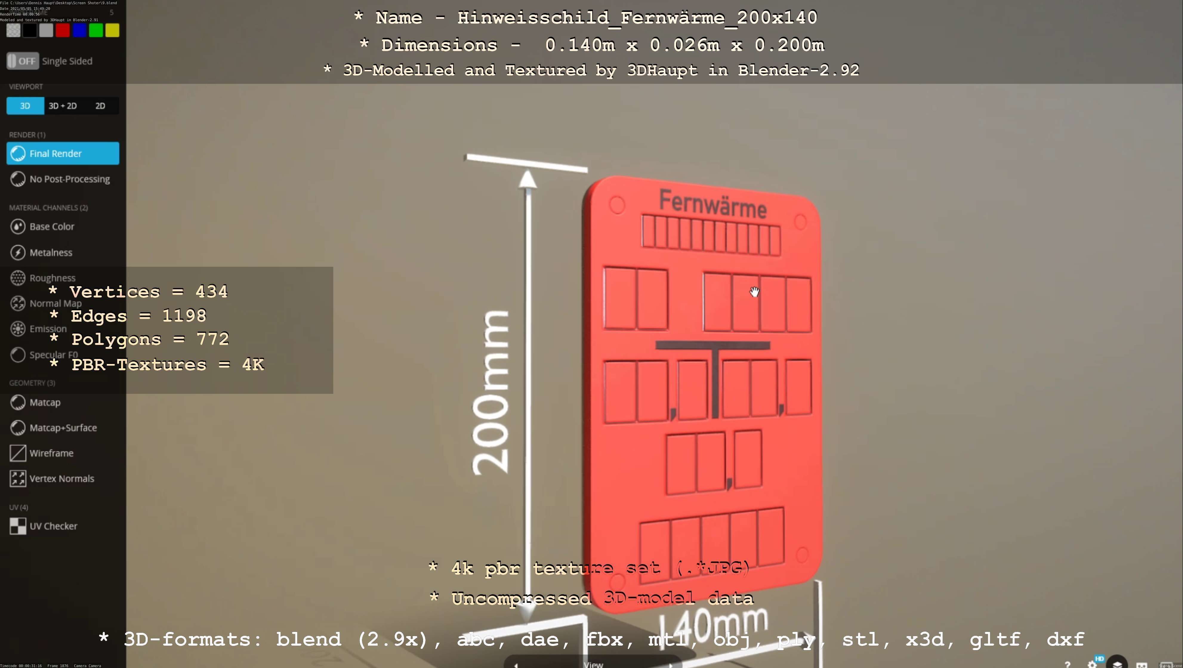 Hinweisschild Fernwaerme 200x140mm Low-poly 3D model_128