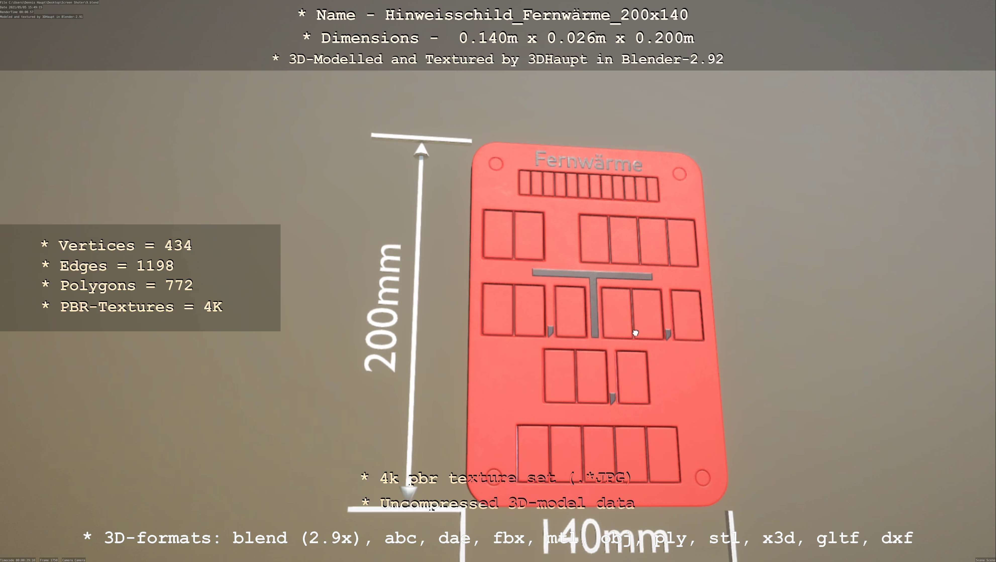Hinweisschild Fernwaerme 200x140mm Low-poly 3D model_14
