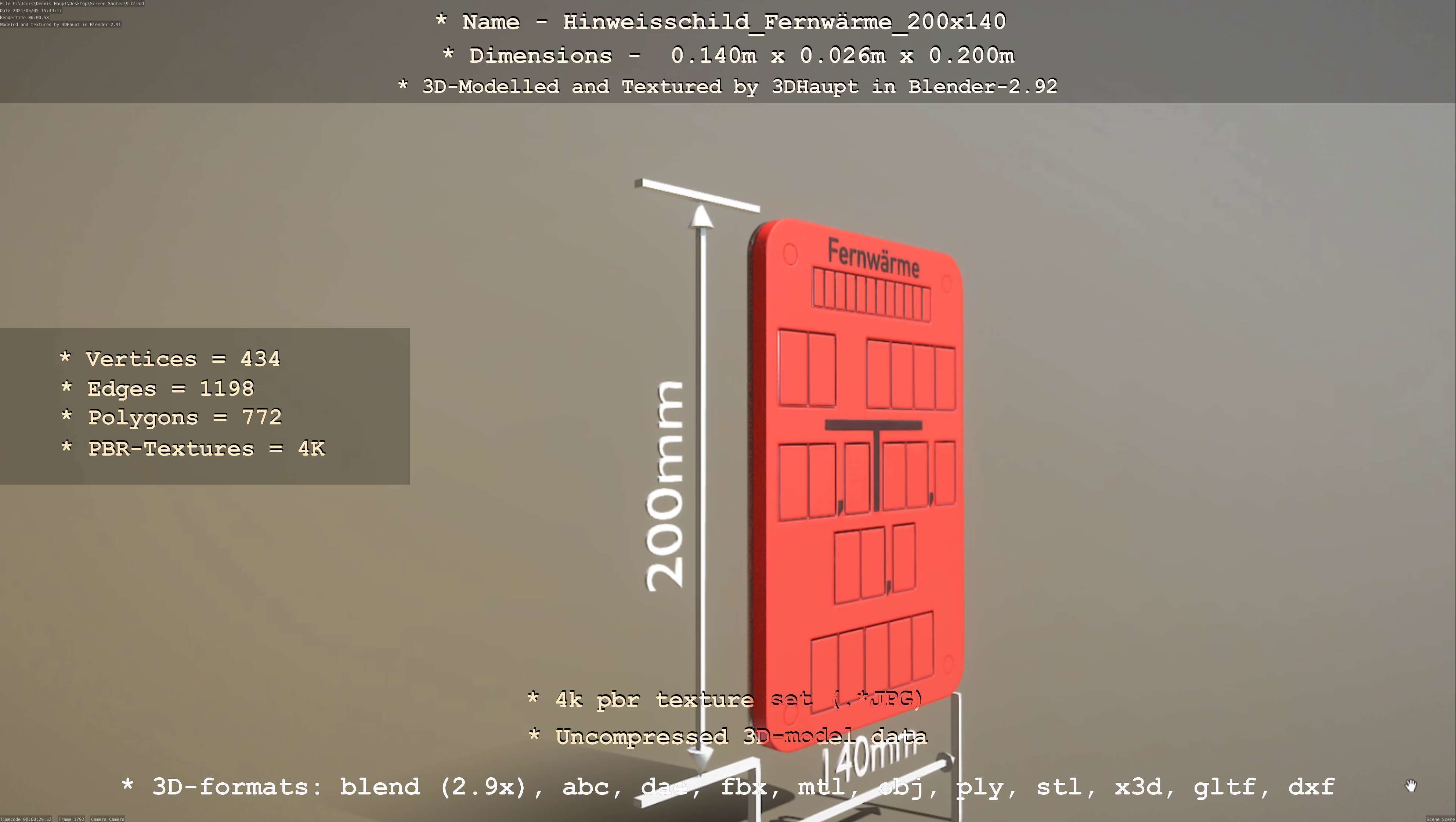 Hinweisschild Fernwaerme 200x140mm Low-poly 3D model_120
