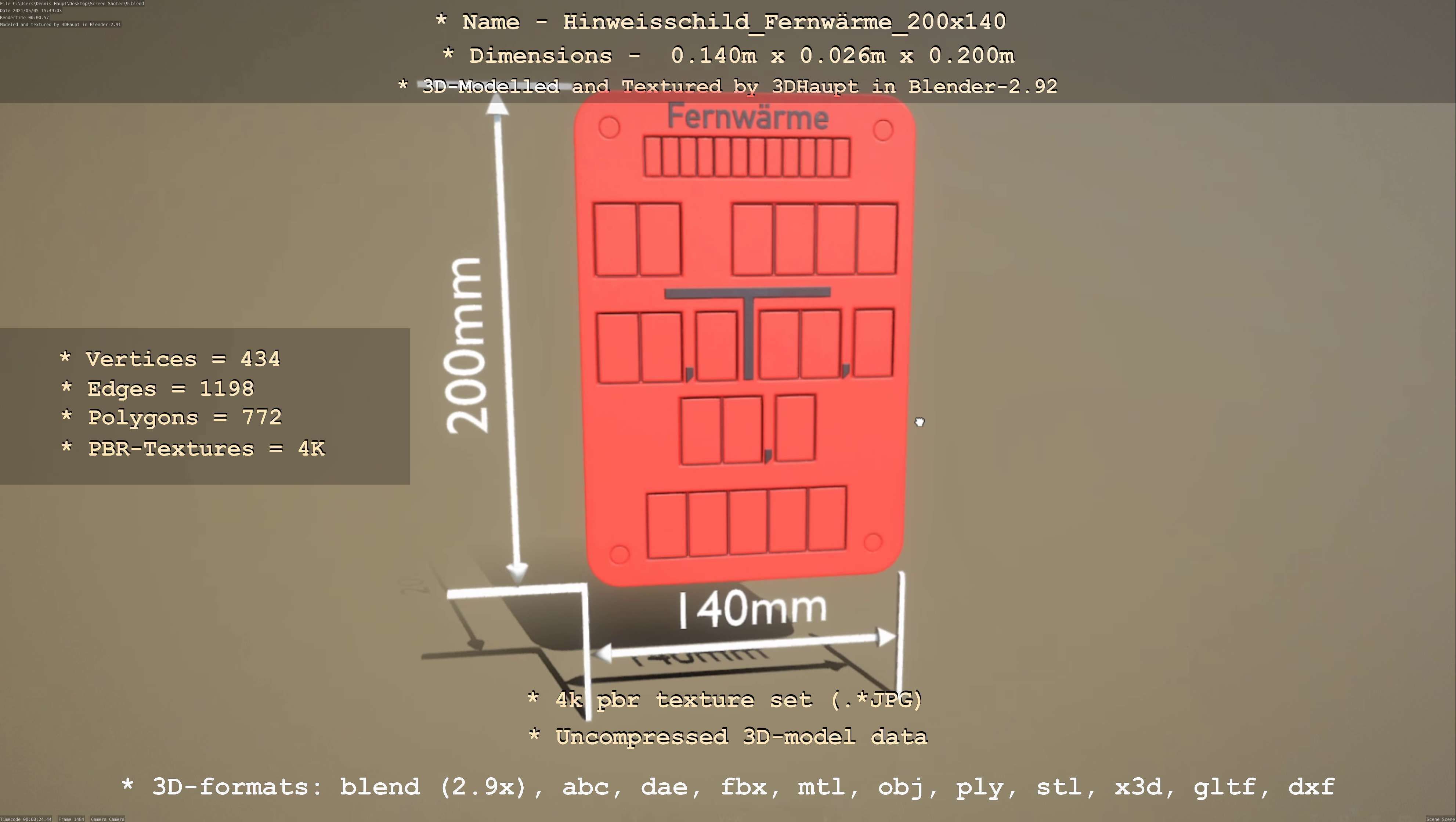 Hinweisschild Fernwaerme 200x140mm Low-poly 3D model_115