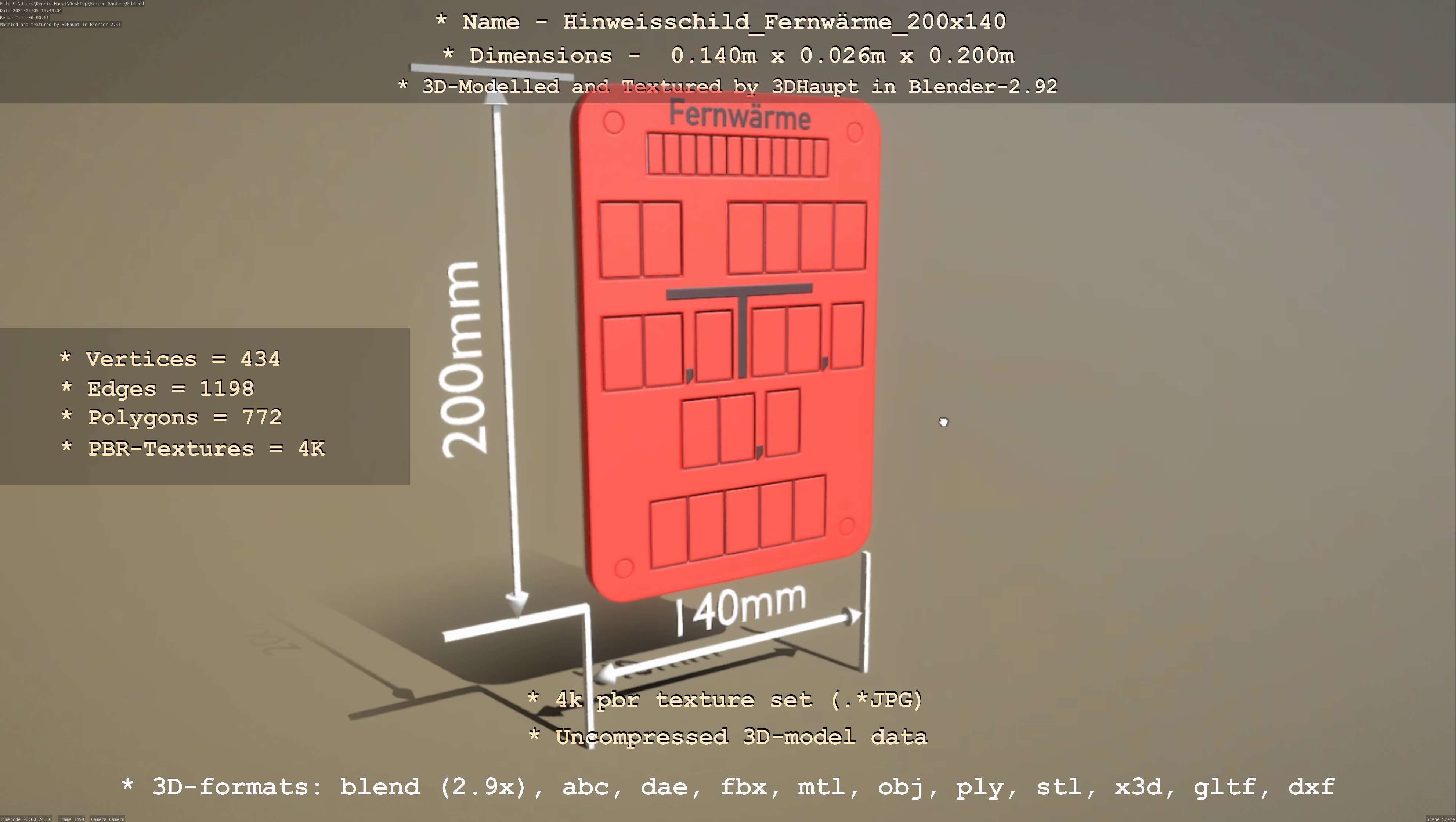 Hinweisschild Fernwaerme 200x140mm Low-poly 3D model_117