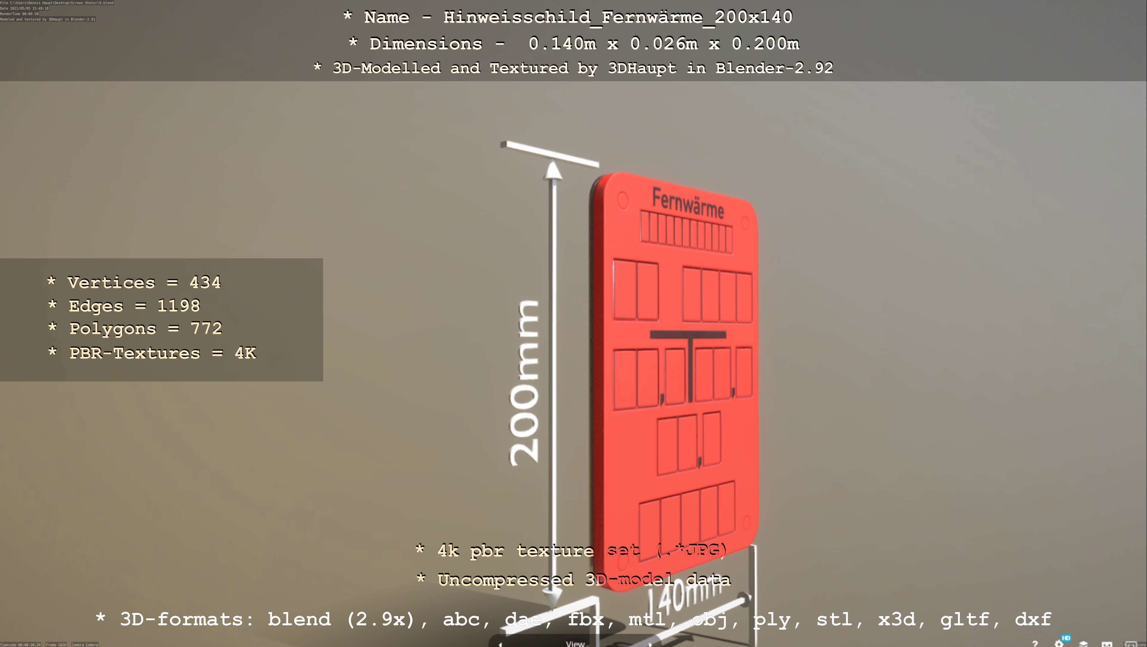 Hinweisschild Fernwaerme 200x140mm Low-poly 3D model_124