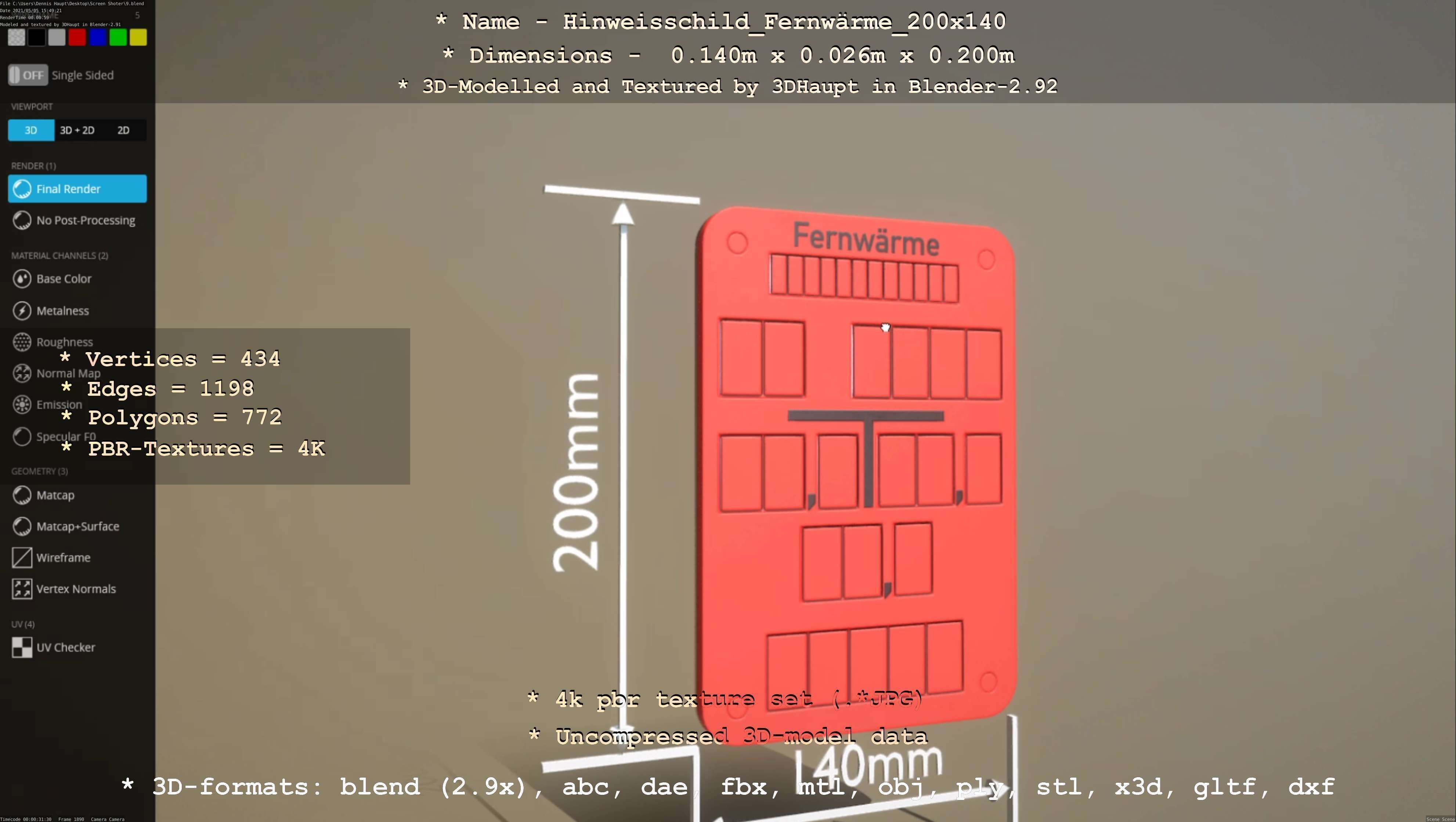 Hinweisschild Fernwaerme 200x140mm Low-poly 3D model_127