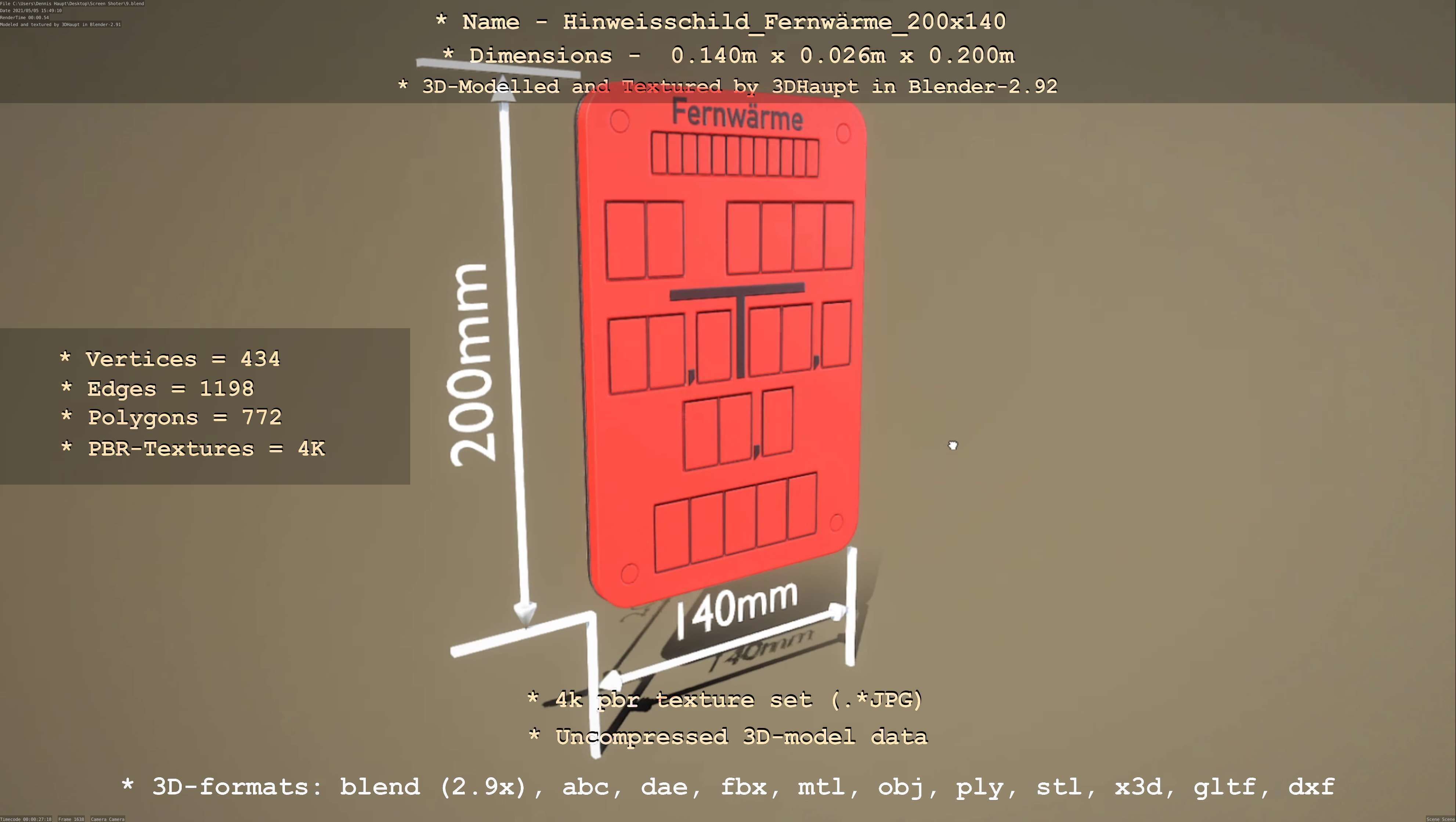 Hinweisschild Fernwaerme 200x140mm Low-poly 3D model_12