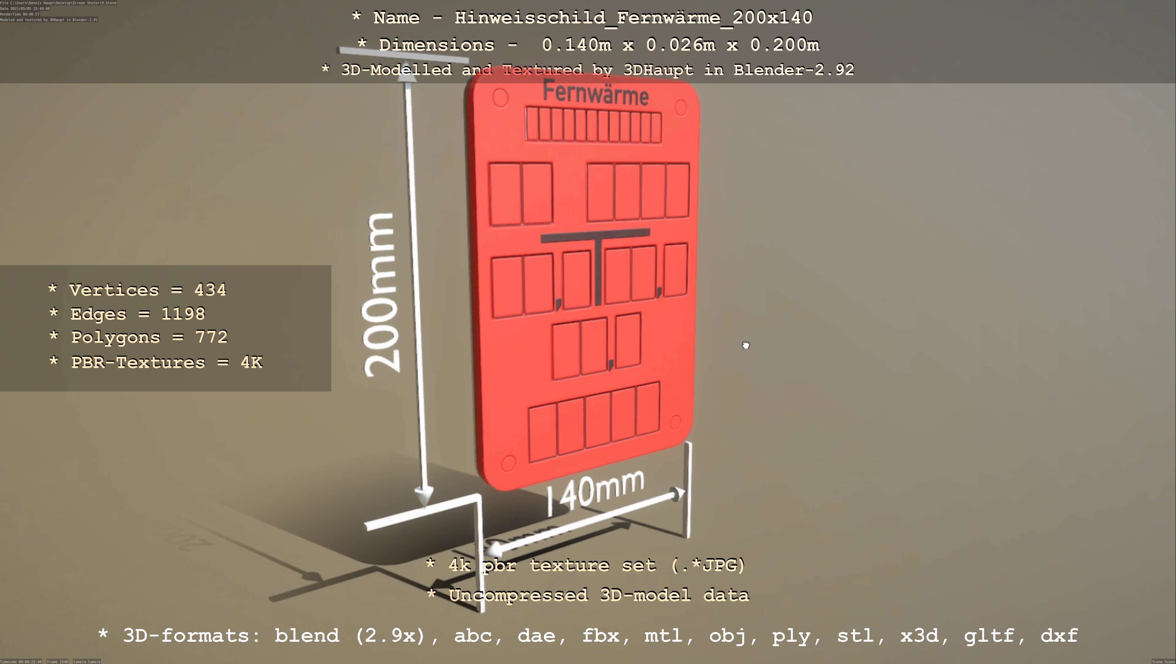 Hinweisschild Fernwaerme 200x140mm Low-poly 3D model_118