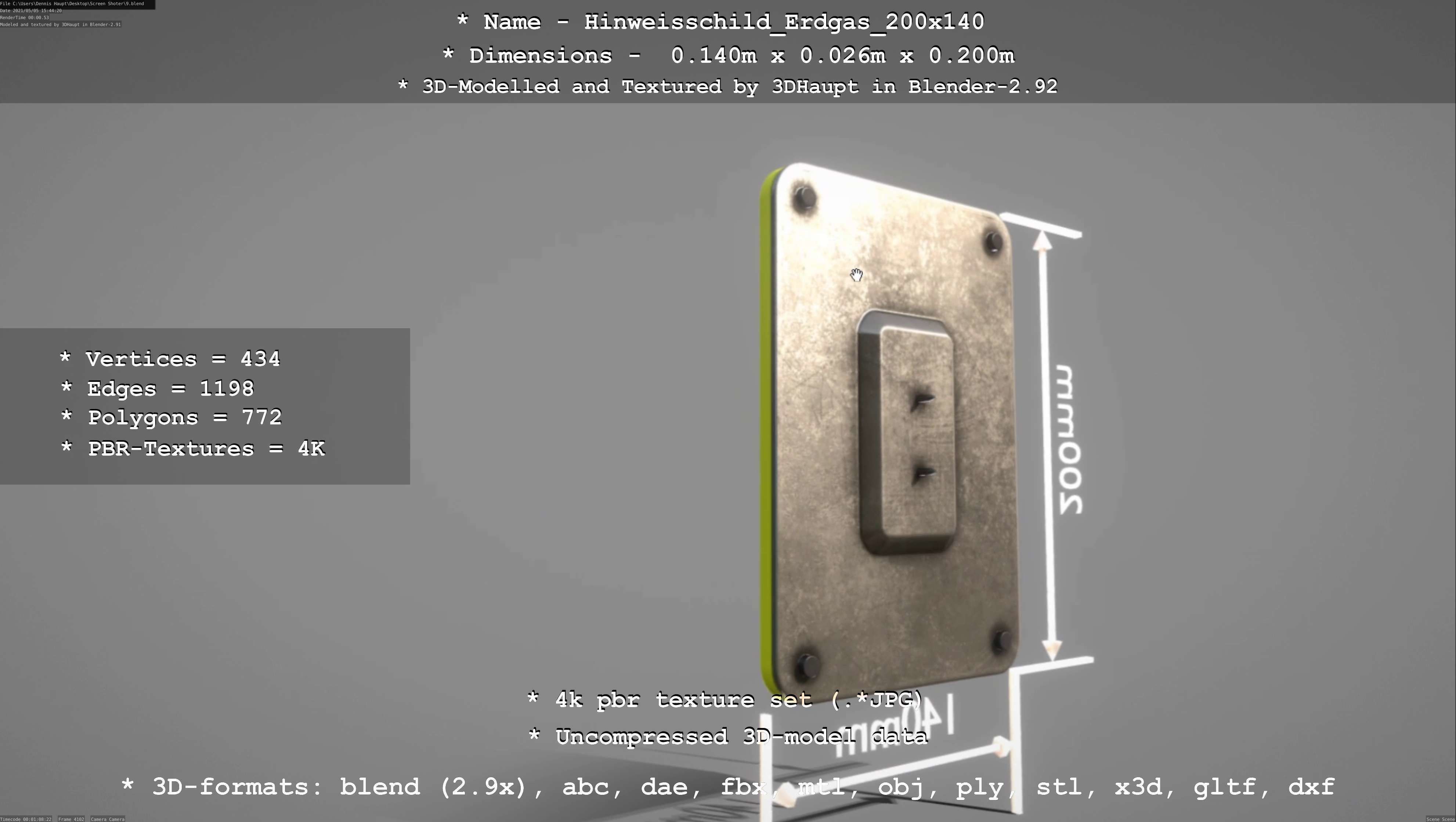 Hinweisschild Erdgas 200x140mm Low-poly 3D model_16