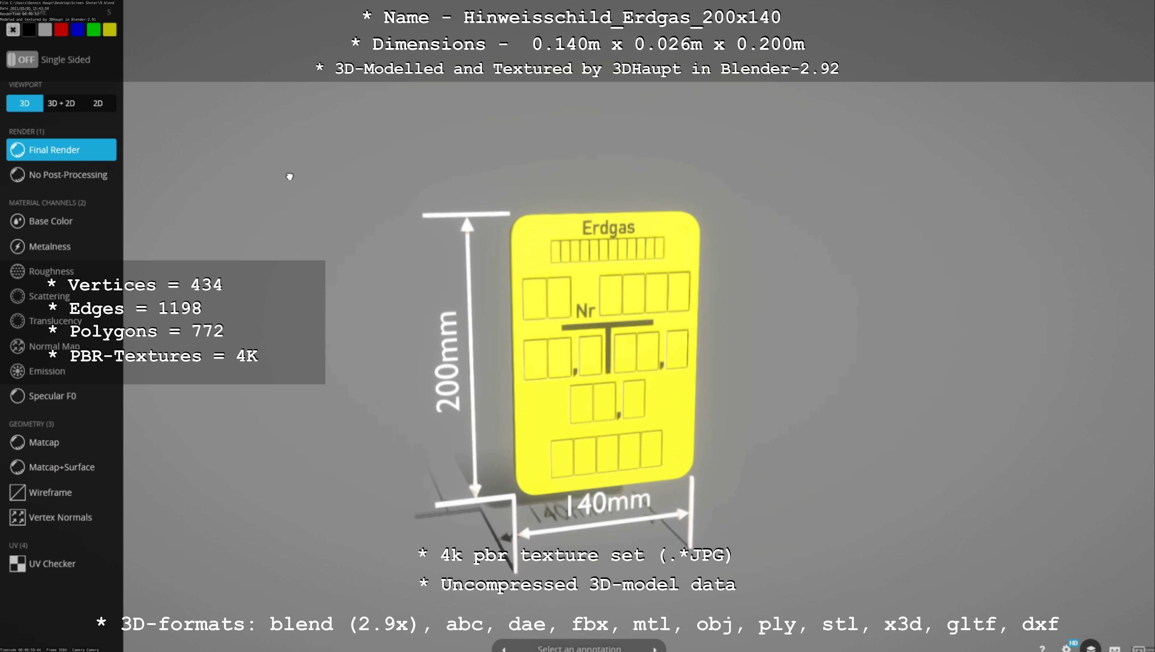 Hinweisschild Erdgas 200x140mm Low-poly 3D model_60