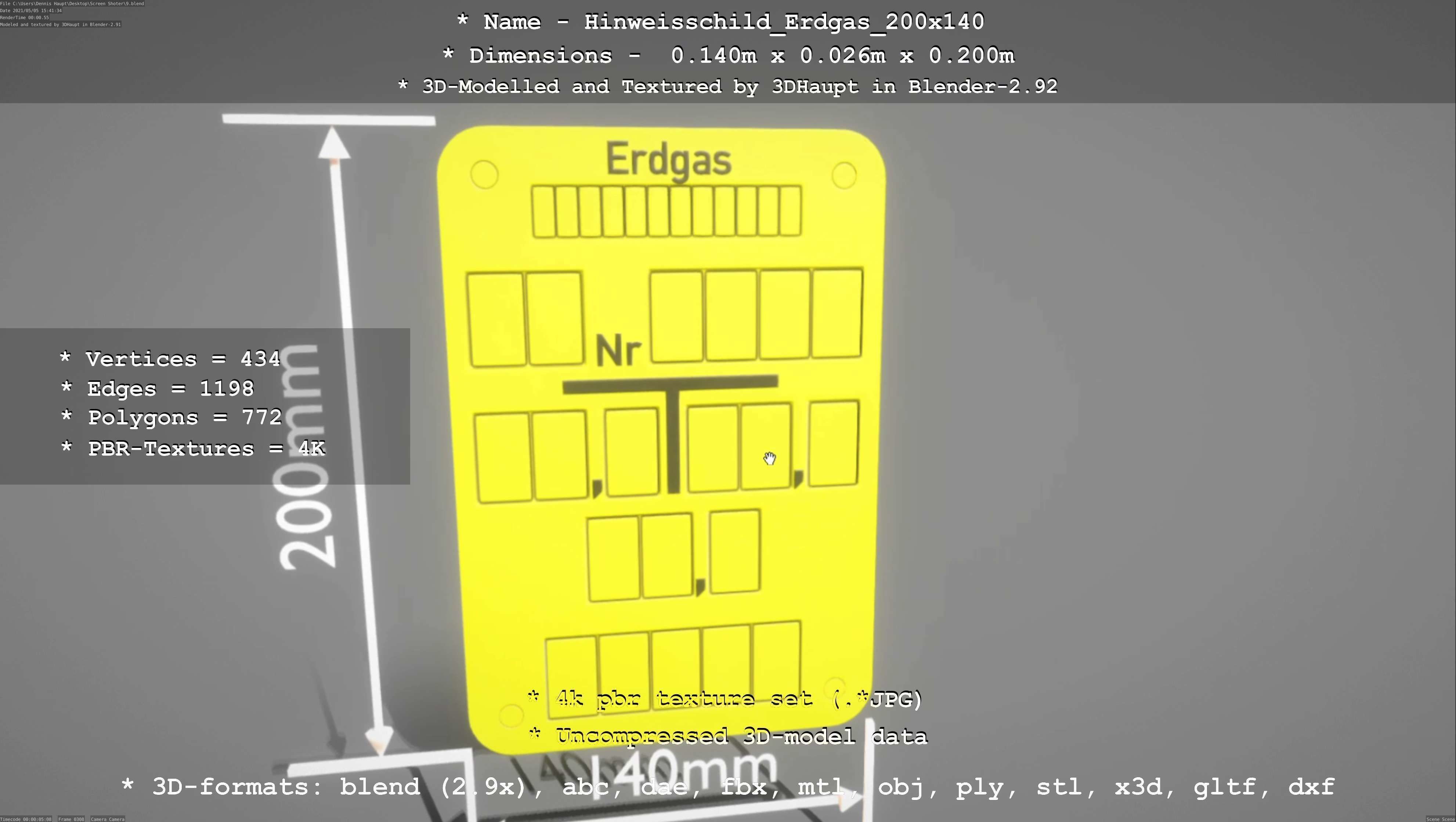 Hinweisschild Erdgas 200x140mm Low-poly 3D model_71