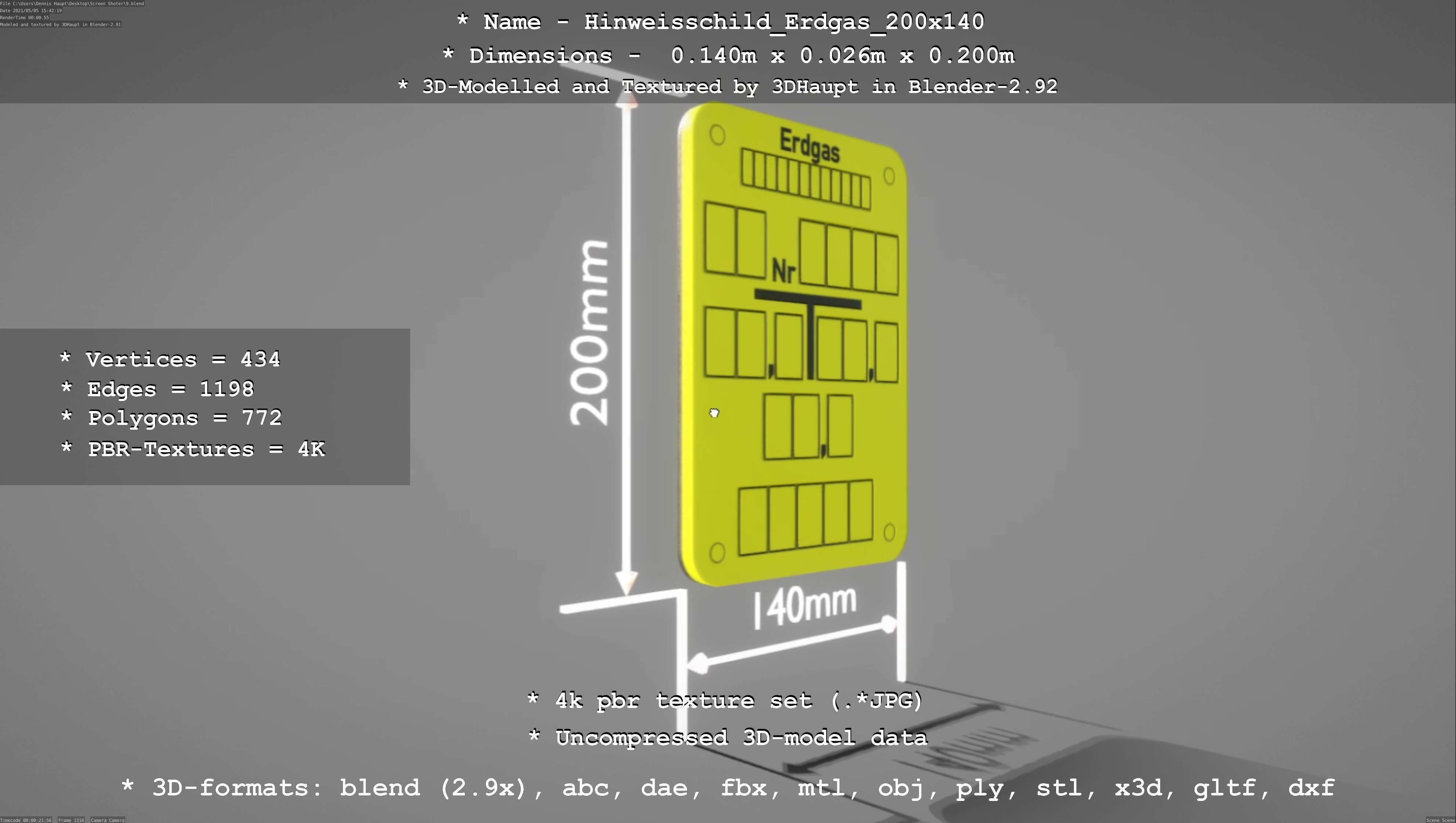 Hinweisschild Erdgas 200x140mm Low-poly 3D model_90