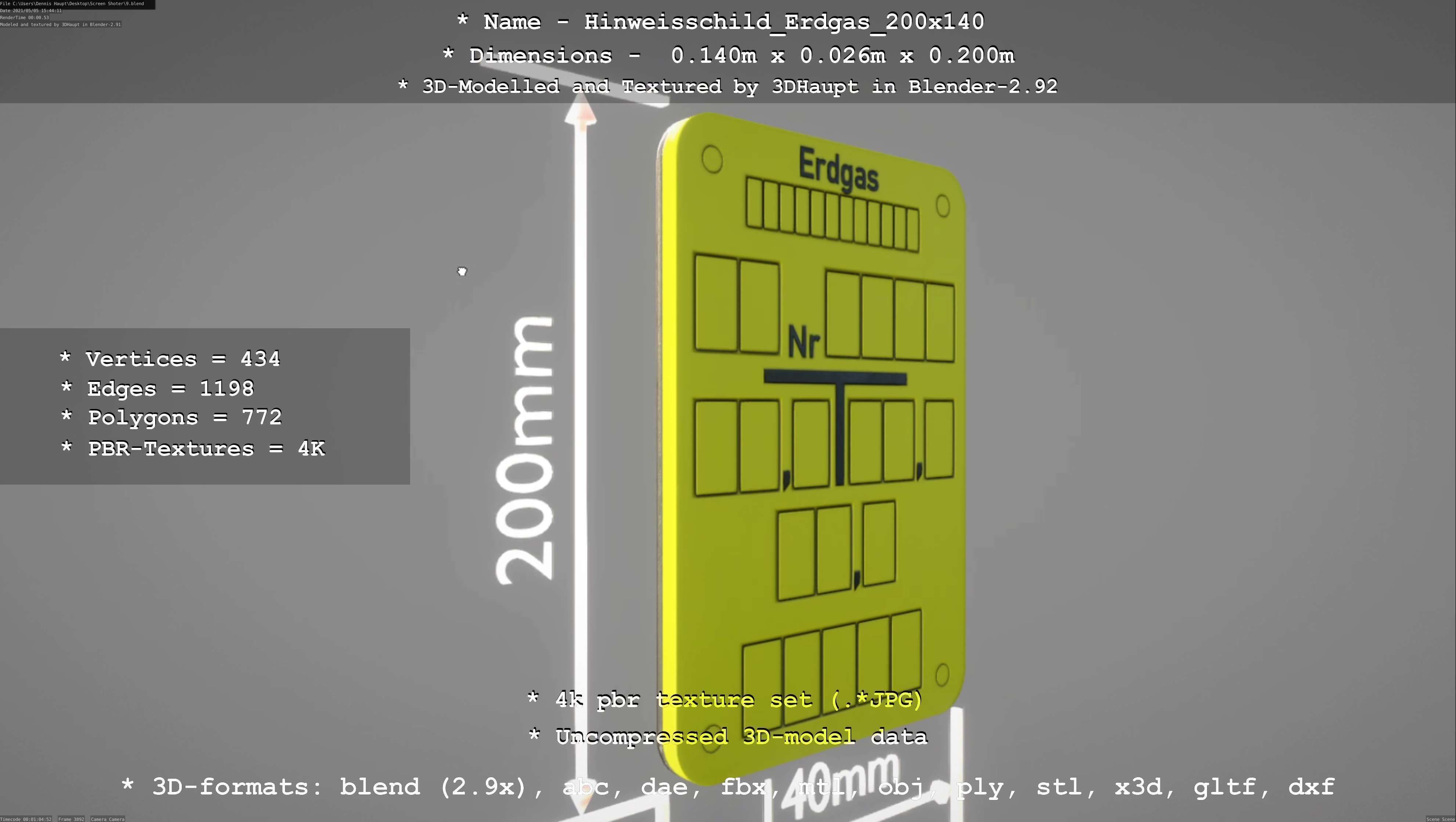 Hinweisschild Erdgas 200x140mm Low-poly 3D model_67