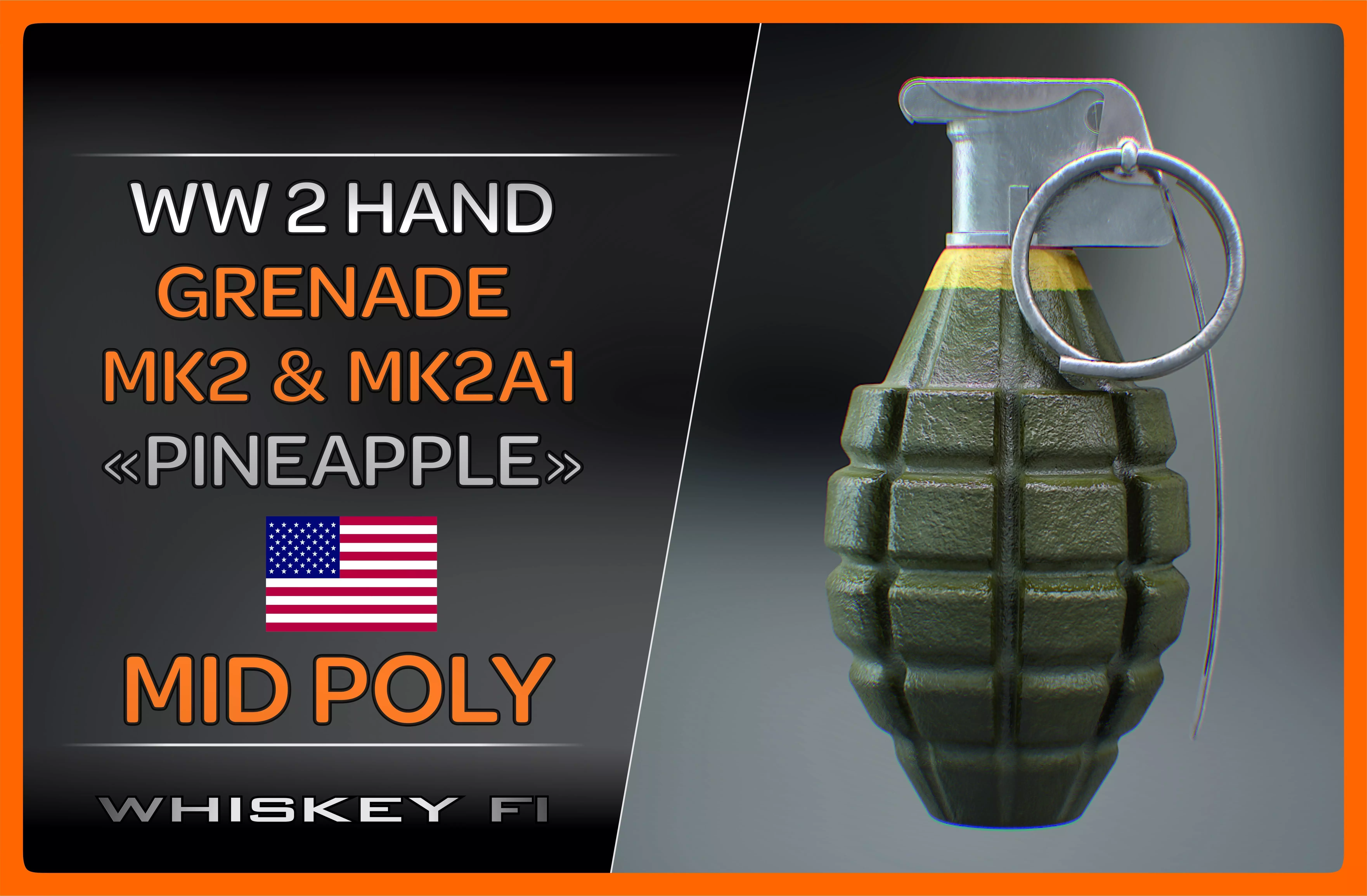 MK2 and MK2A1 Pineapple Grenade Newly Made WW2 Pack - MID POLY 3D model_0
