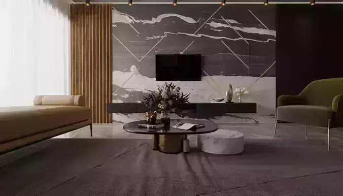 living room and kitchen 3d interior space scene 