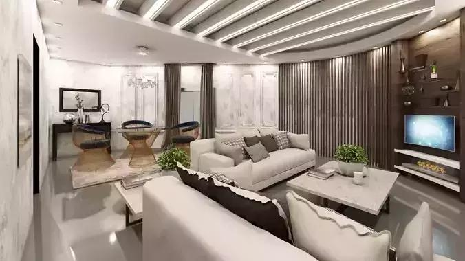 Realistic Residential Interior living and dining room scene