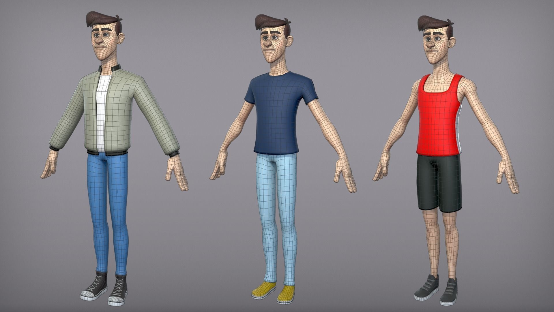 Cartoon man with 3 outfits Low-poly 3D model_4