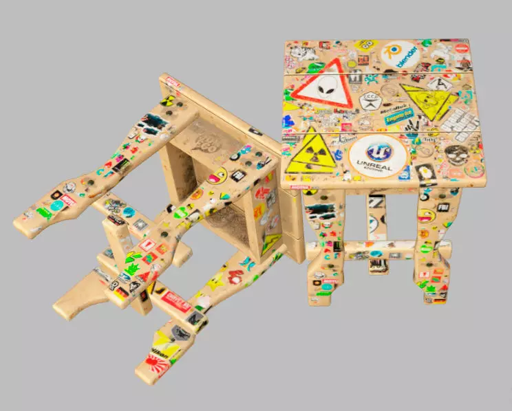 chair table made from scrap wood and stickers Free low-poly 3D model