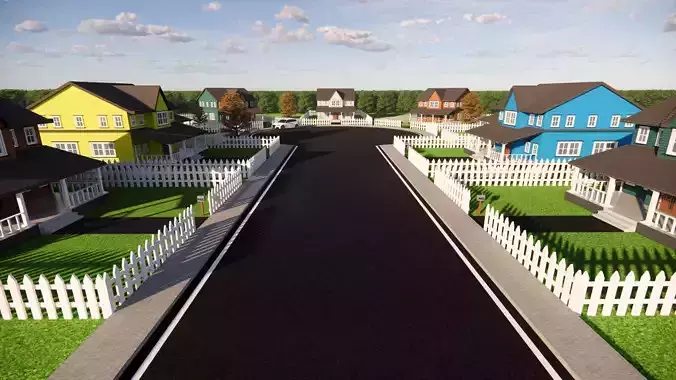 3D Neighborhood Model 5 street with houses and picket fence 3D model