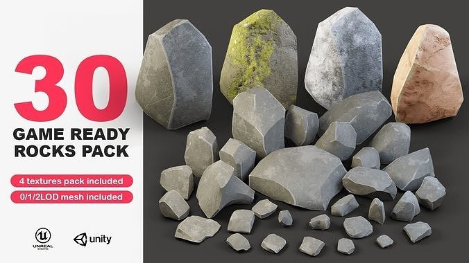 30 rock asset pack with 4 texture biomes VR-AR Game ready Low-poly 3D model